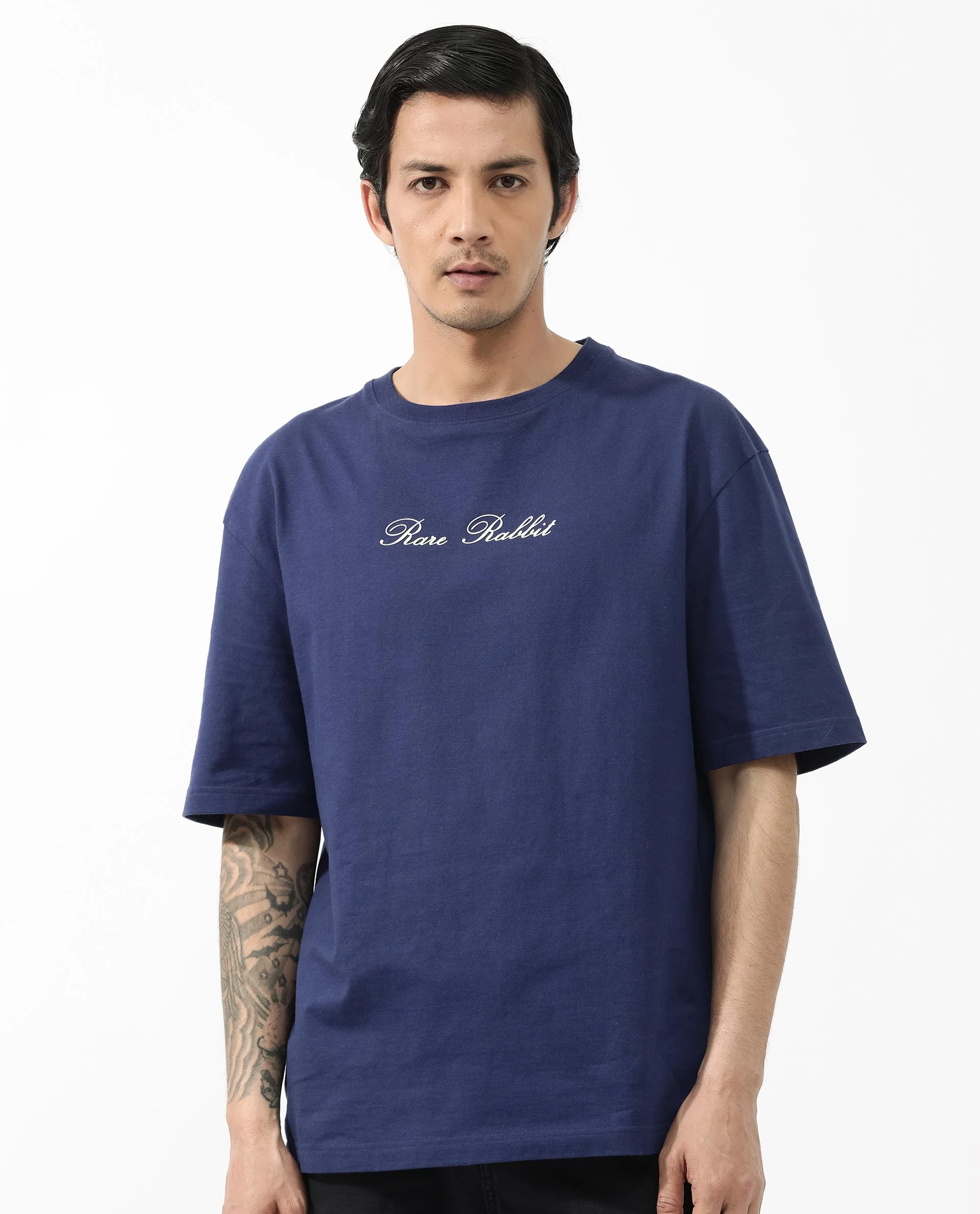 Rare Rabbit Articale Men's Flyby Blue Cotton Fabric Crew Neck Oversized Fit Graphic Print T-Shirt - Image 9