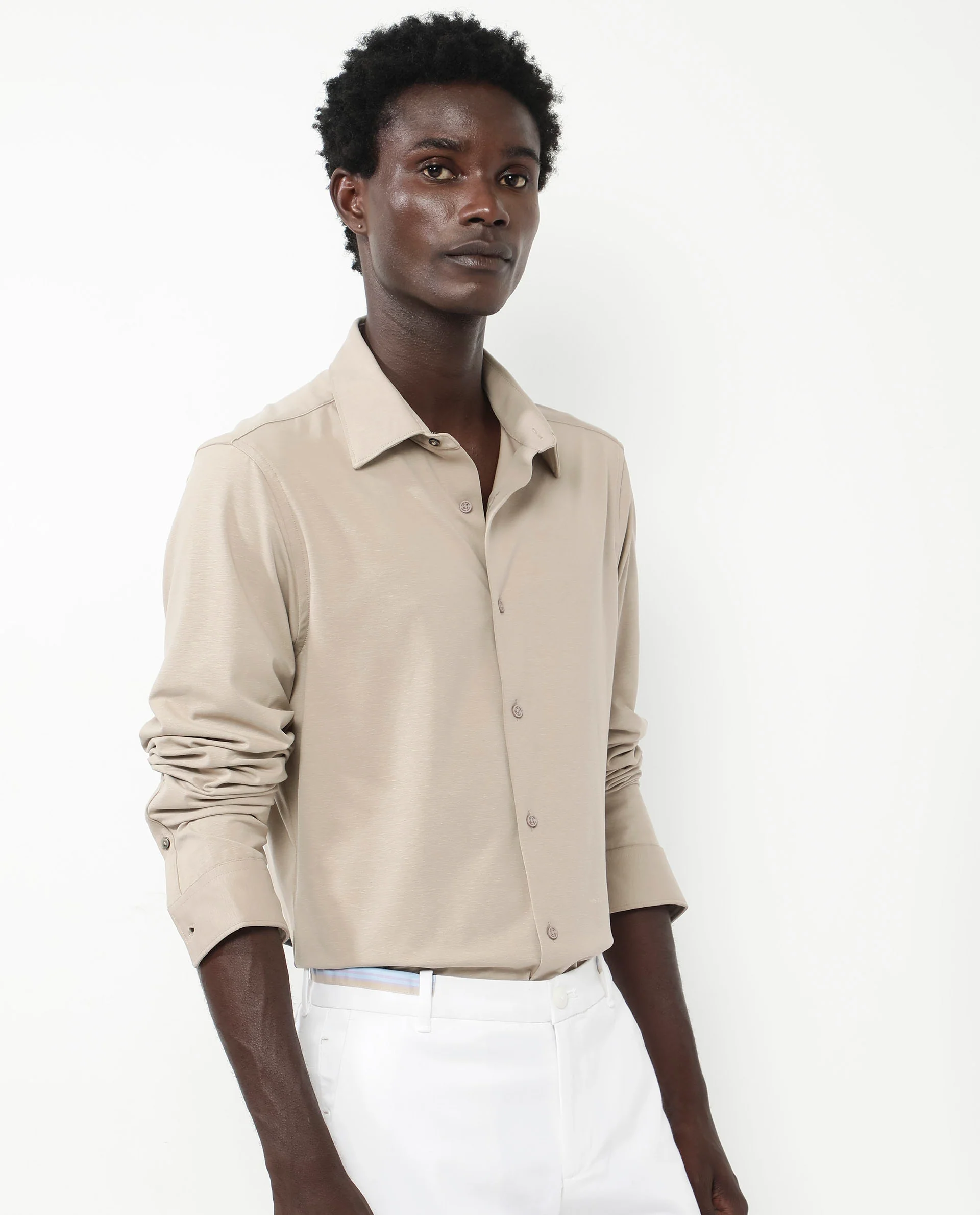 Rare Rabbit Men's Flyknit Beige Cotton Plain Regular Fit Full Sleeve Collared Shirt - Image 2