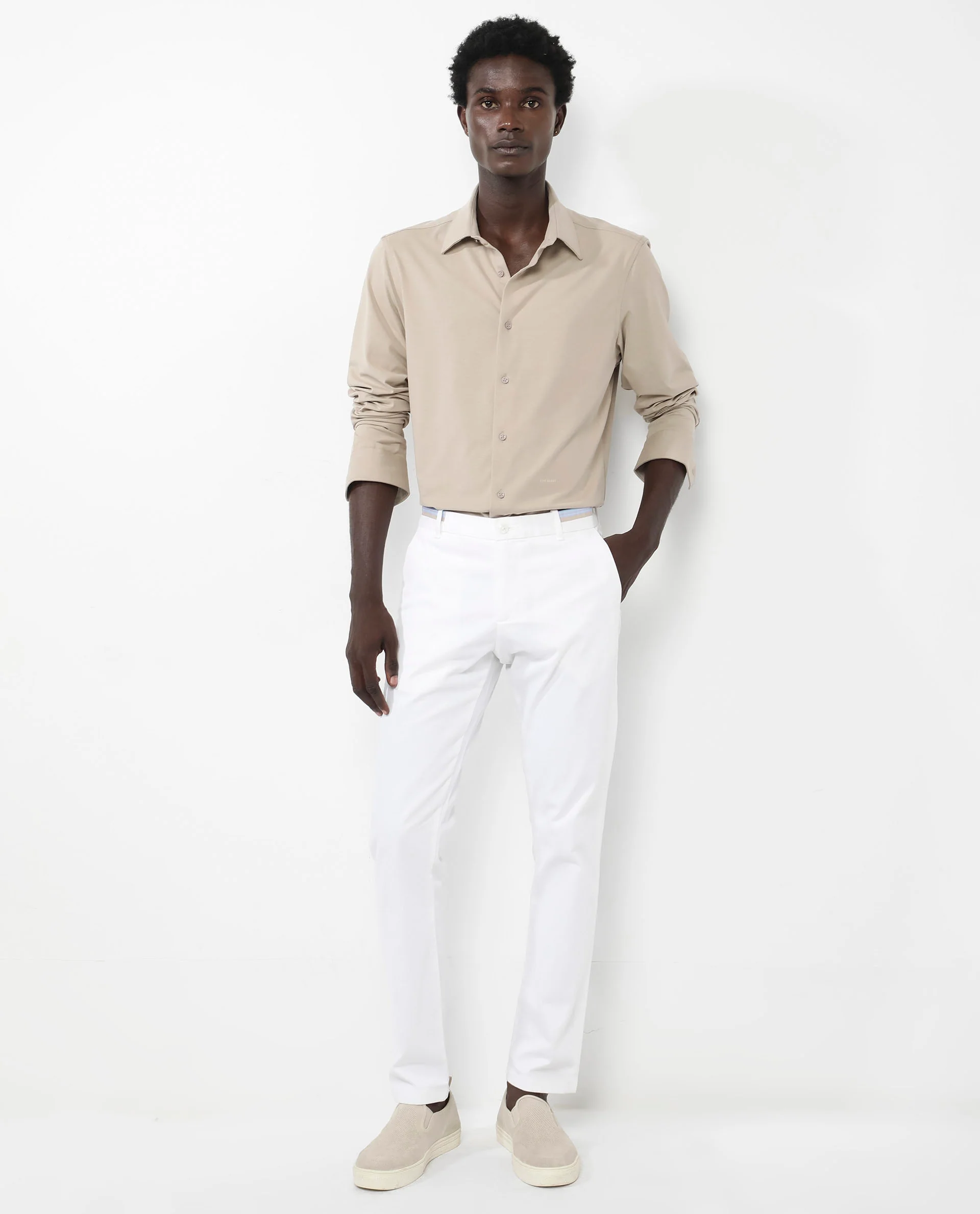 Rare Rabbit Men's Flyknit Beige Cotton Plain Regular Fit Full Sleeve Collared Shirt - Image 3