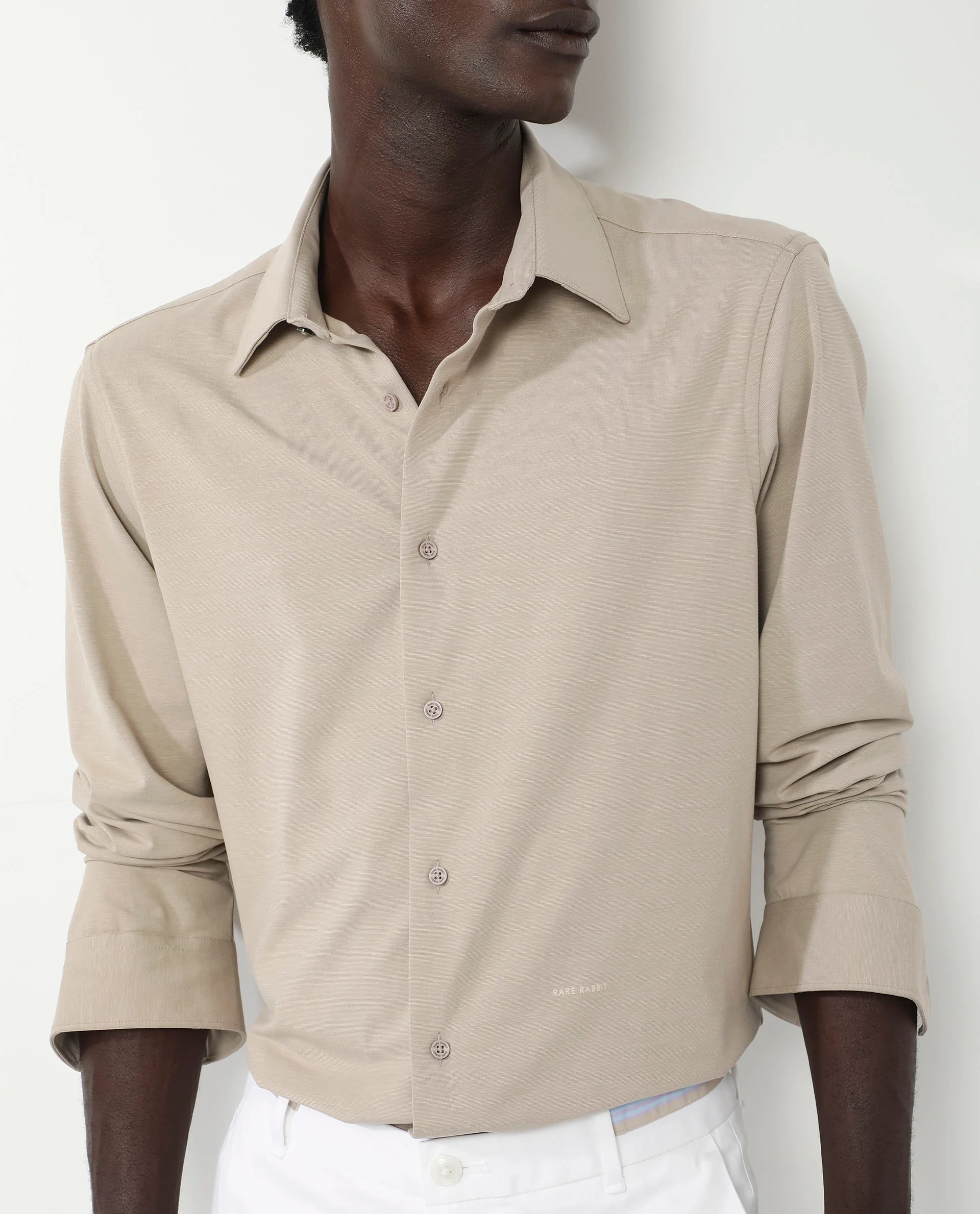 Rare Rabbit Men's Flyknit Beige Cotton Plain Regular Fit Full Sleeve Collared Shirt - Image 4