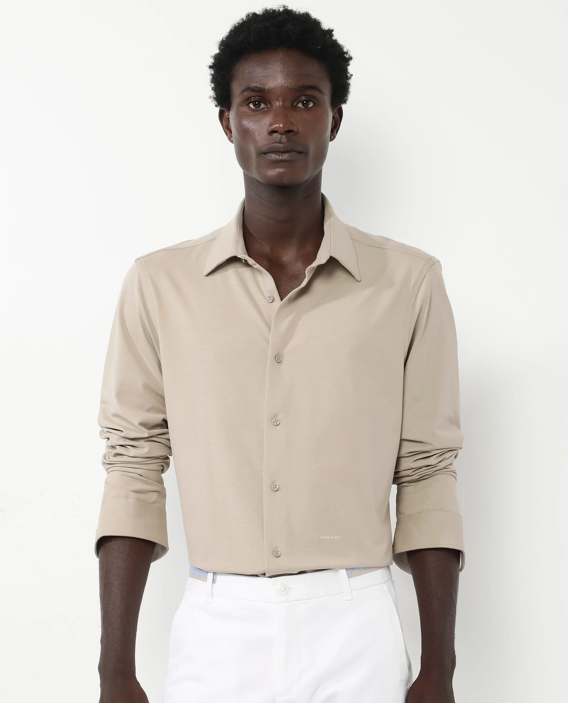 Rare Rabbit Men's Flyknit Beige Cotton Plain Regular Fit Full Sleeve Collared Shirt - Image 6