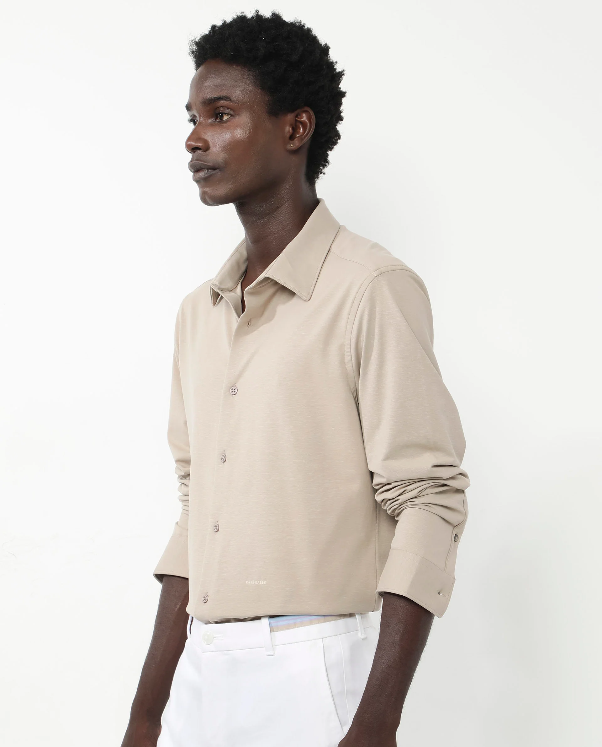 Rare Rabbit Men's Flyknit Beige Cotton Plain Regular Fit Full Sleeve Collared Shirt - Image 9