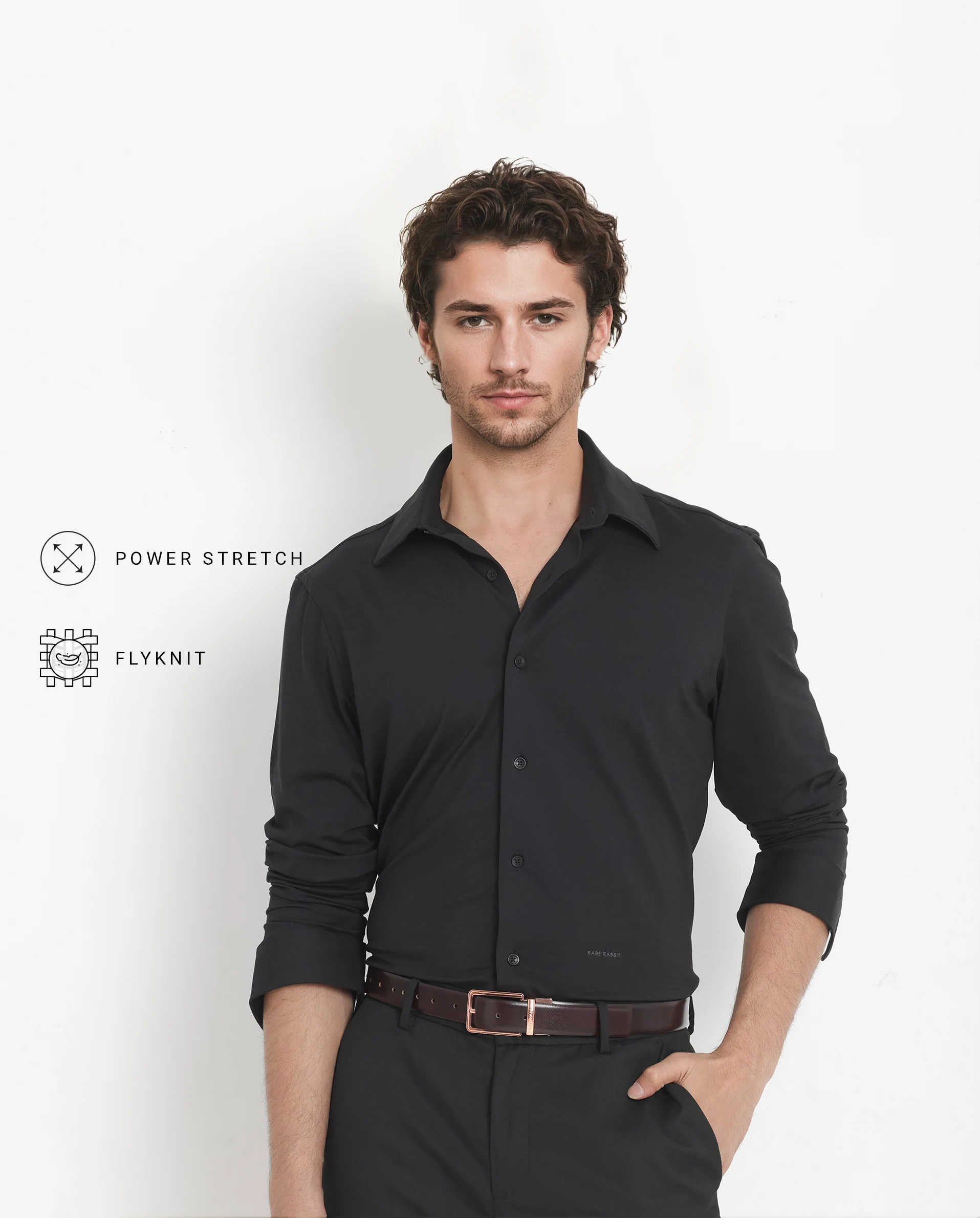 Rare Rabbit Men's Flyknit Black Cotton Plain Regular Fit Full Sleeve Collared Shirt