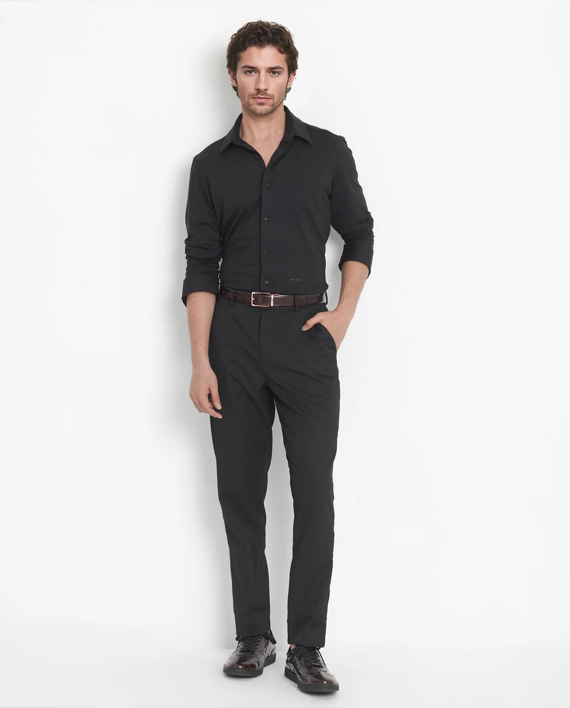 Rare Rabbit Men's Flyknit Black Cotton Plain Regular Fit Full Sleeve Collared Shirt - Image 2