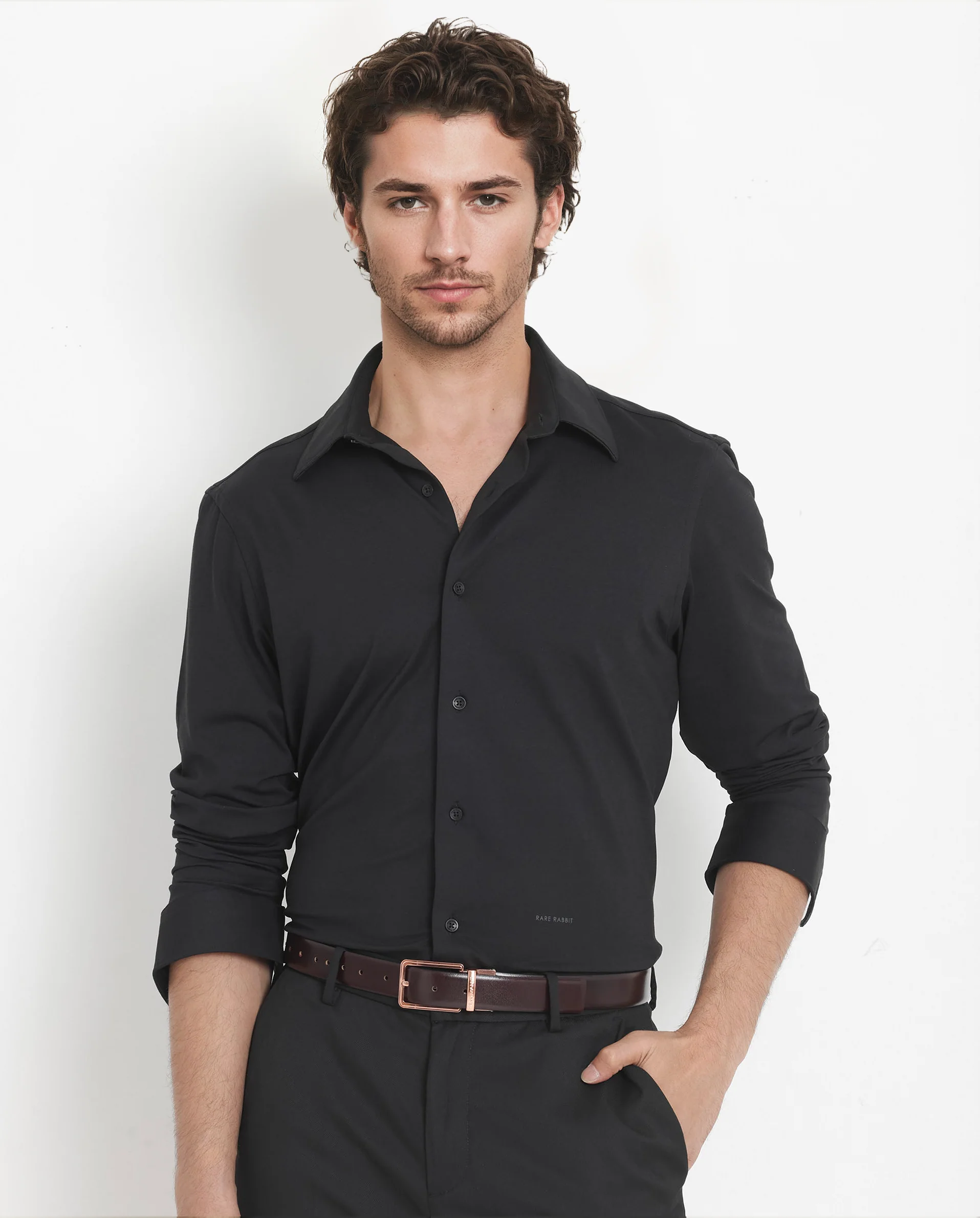 Rare Rabbit Men's Flyknit Black Cotton Plain Regular Fit Full Sleeve Collared Shirt - Image 3