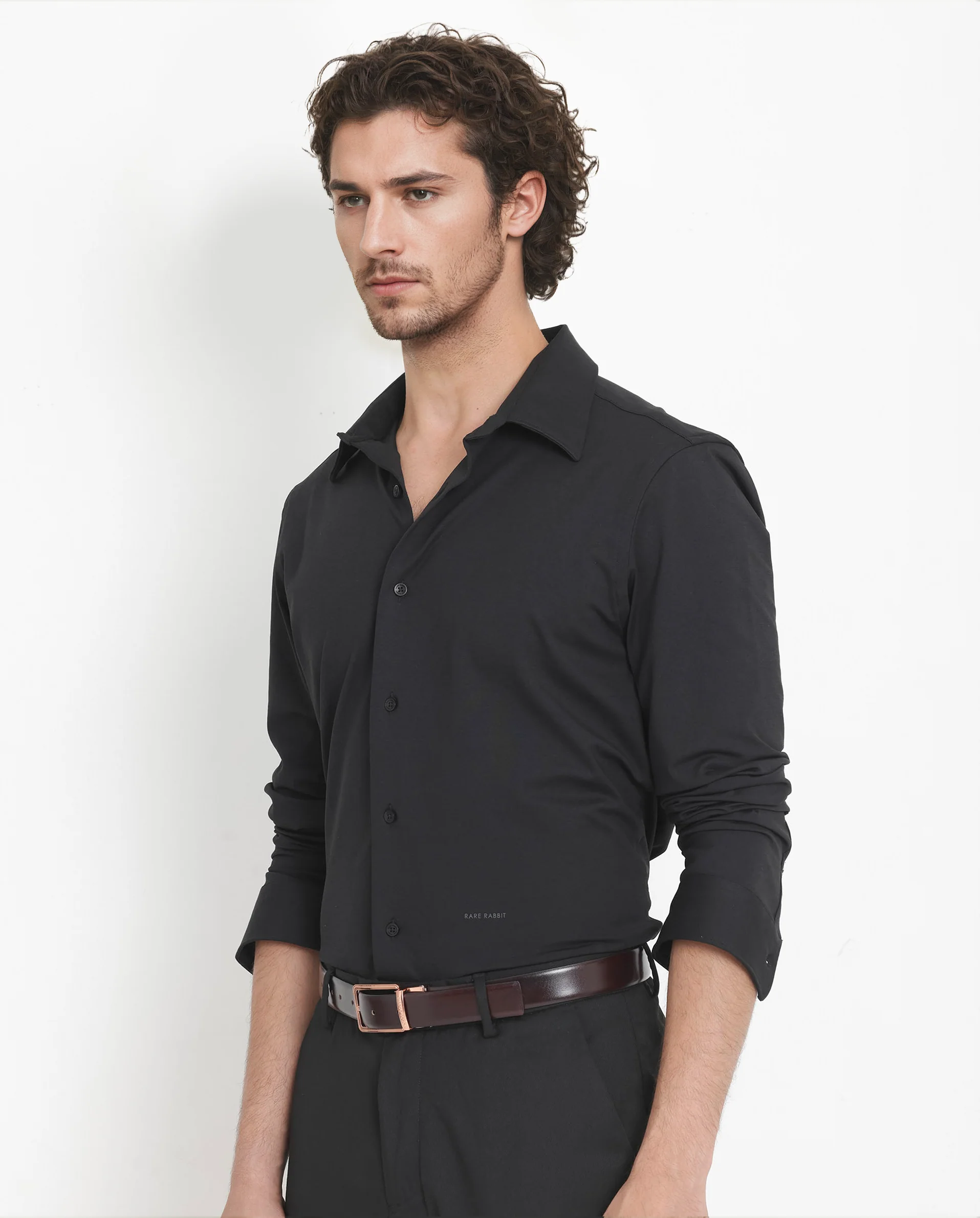 Rare Rabbit Men's Flyknit Black Cotton Plain Regular Fit Full Sleeve Collared Shirt - Image 7