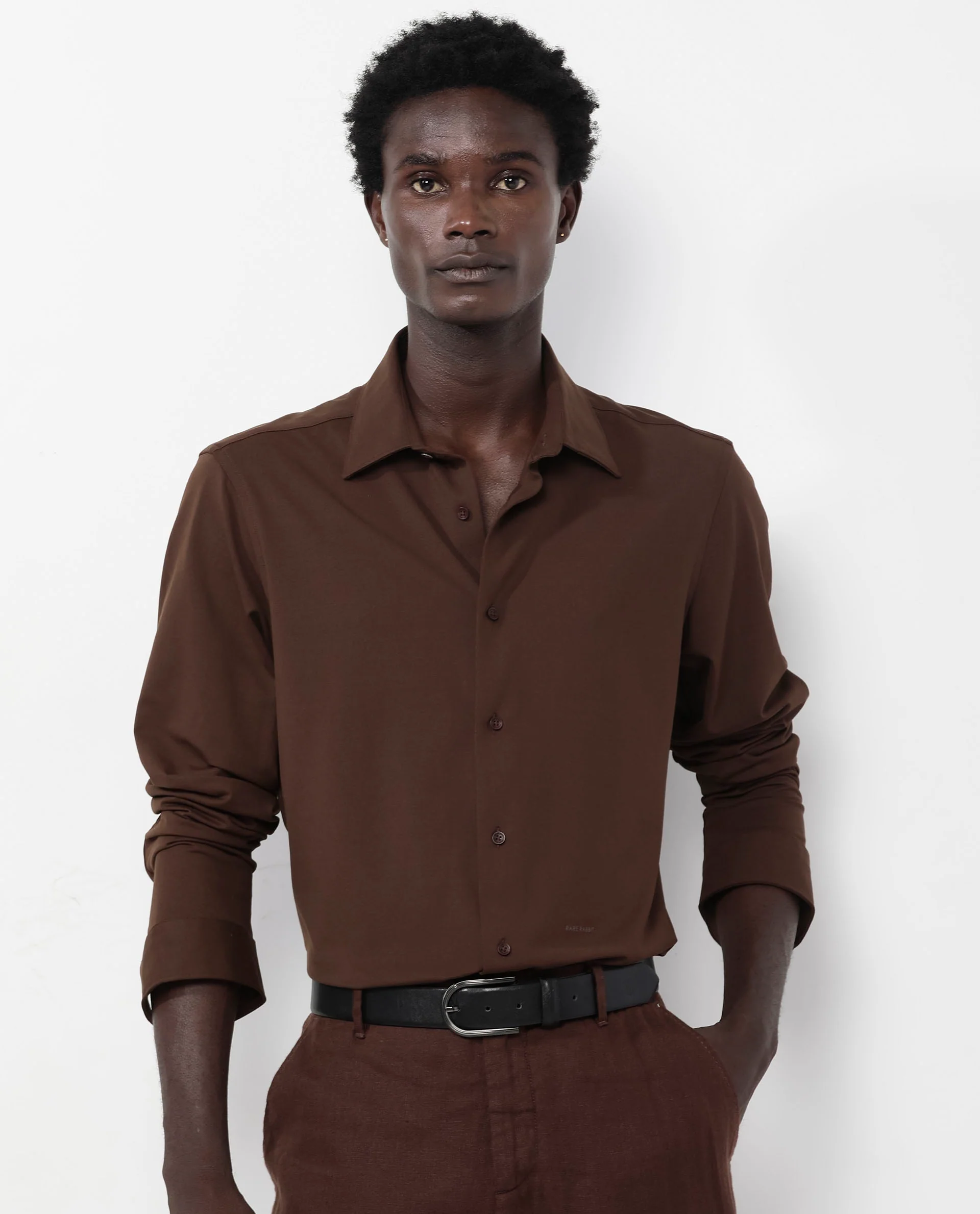 Rare Rabbit Men's Flyknit Brown Cotton Plain Regular Fit Full Sleeve Collared Shirt - Image 10