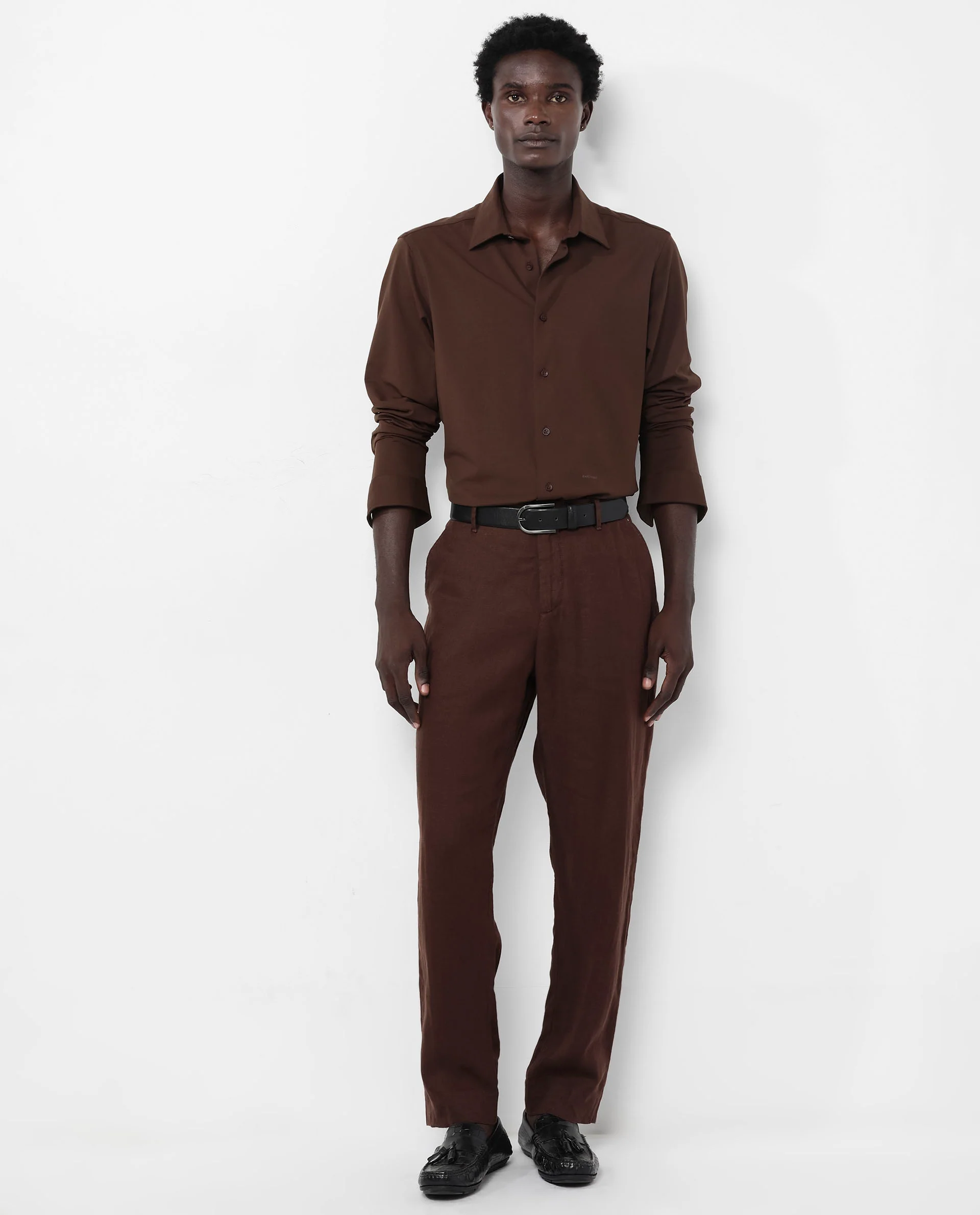 Rare Rabbit Men's Flyknit Brown Cotton Plain Regular Fit Full Sleeve Collared Shirt - Image 2