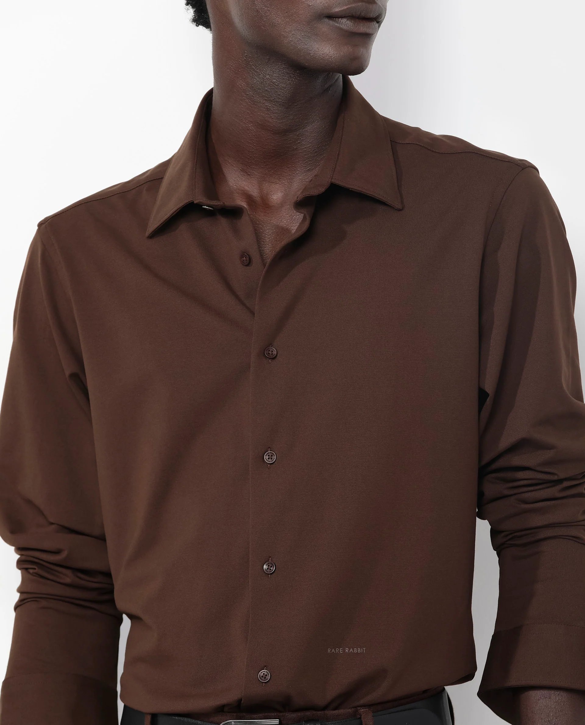 Rare Rabbit Men's Flyknit Brown Cotton Plain Regular Fit Full Sleeve Collared Shirt - Image 3