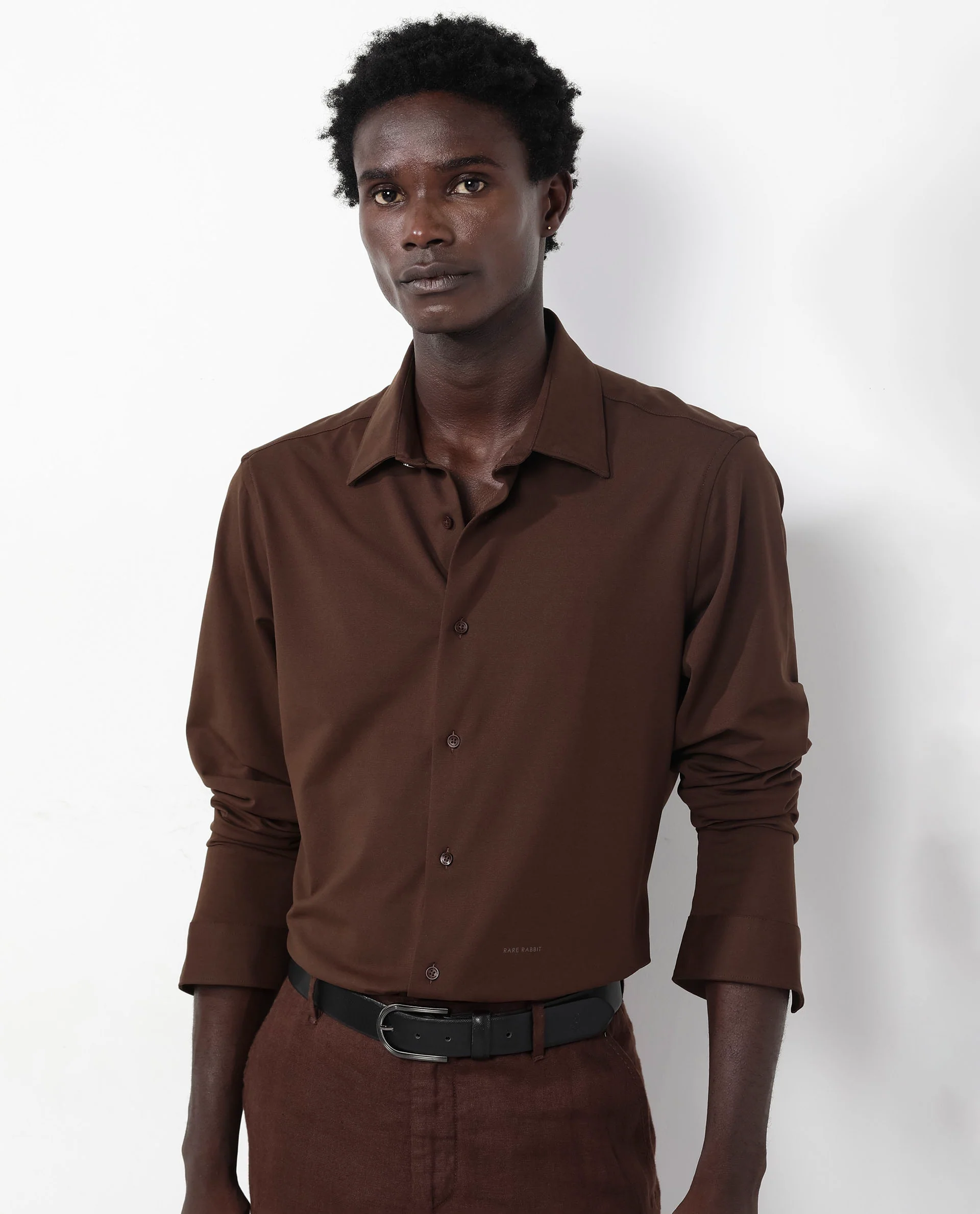 Rare Rabbit Men's Flyknit Brown Cotton Plain Regular Fit Full Sleeve Collared Shirt - Image 5