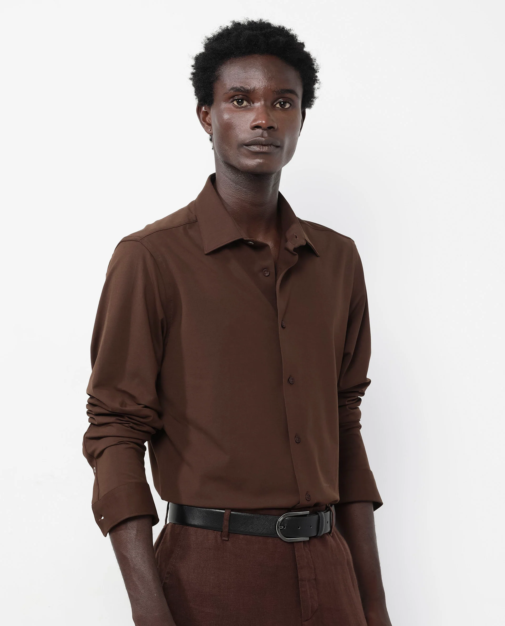 Rare Rabbit Men's Flyknit Brown Cotton Plain Regular Fit Full Sleeve Collared Shirt - Image 6