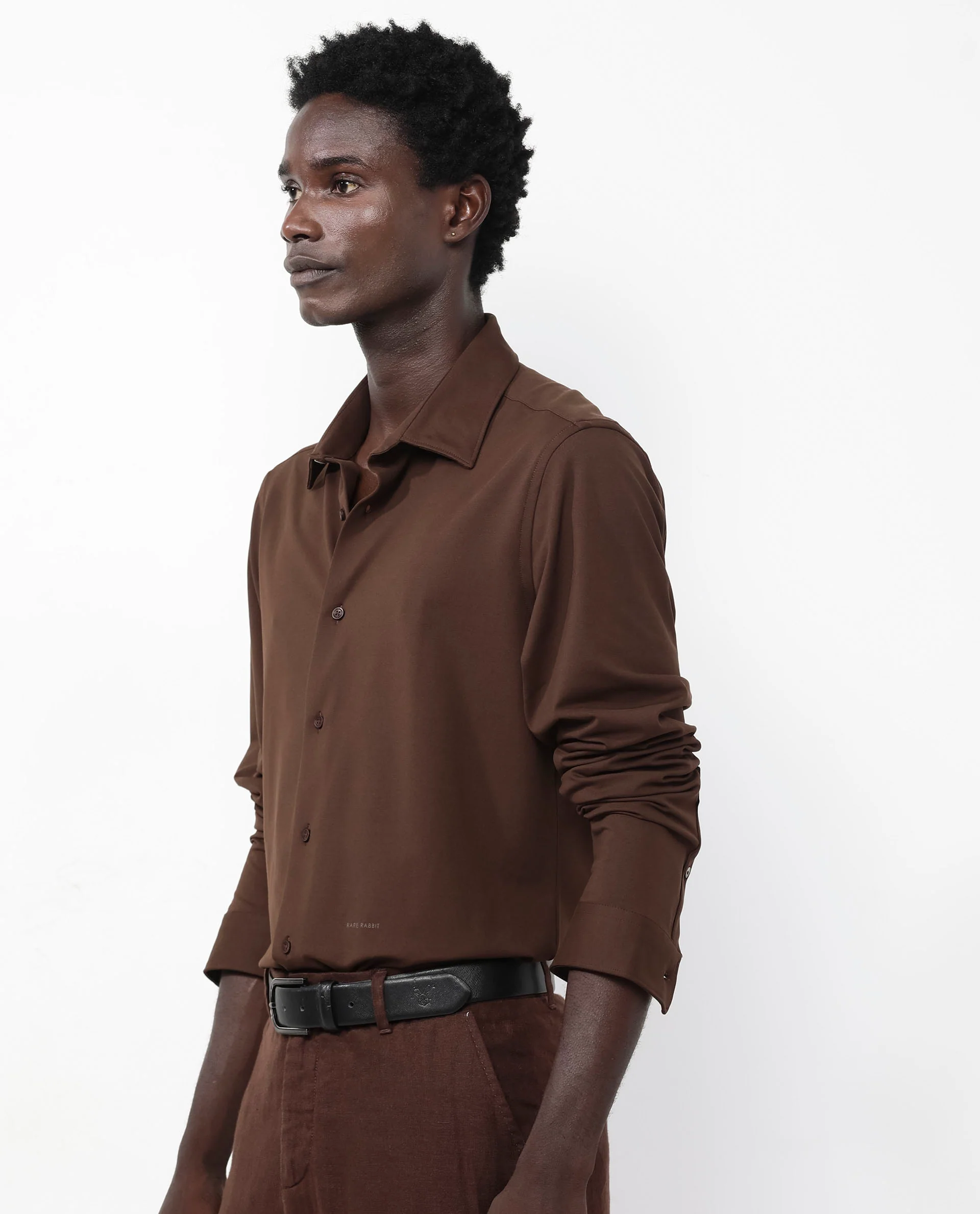 Rare Rabbit Men's Flyknit Brown Cotton Plain Regular Fit Full Sleeve Collared Shirt - Image 7