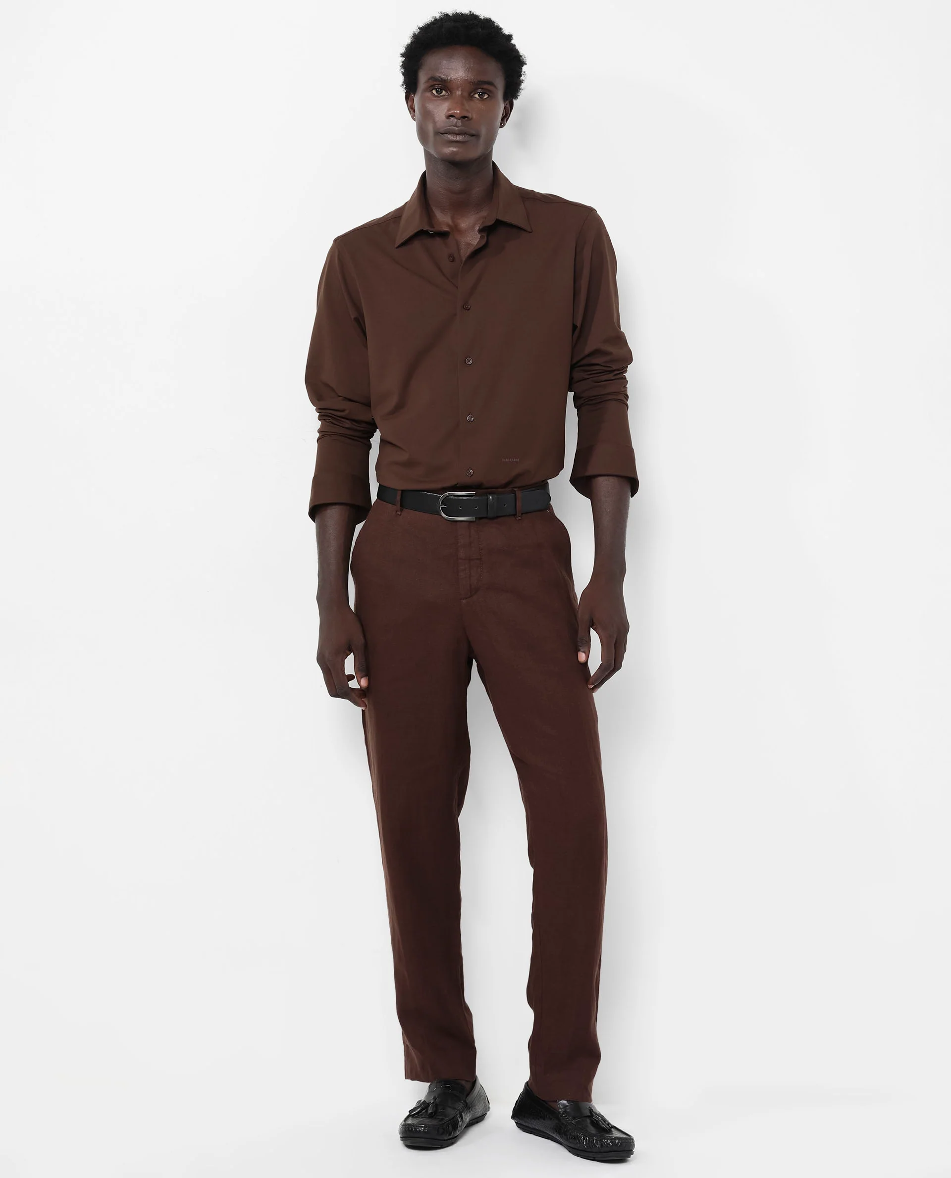 Rare Rabbit Men's Flyknit Brown Cotton Plain Regular Fit Full Sleeve Collared Shirt - Image 9
