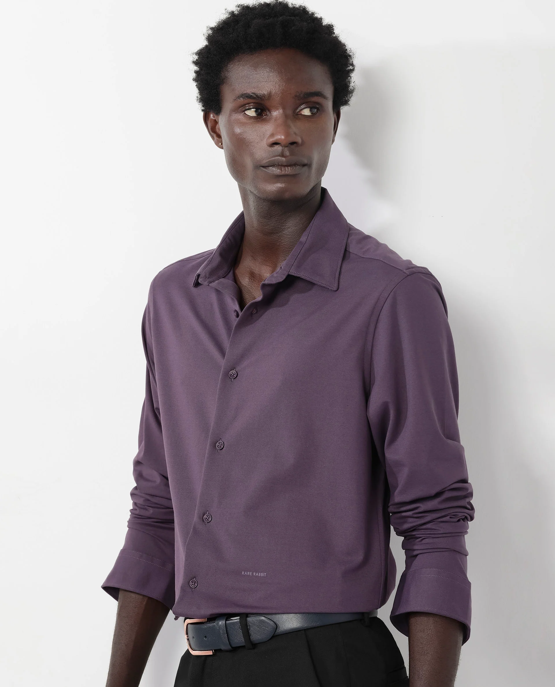 Rare Rabbit Men's Flyknit Dark Purple Cotton Plain Regular Fit Full Sleeve Collared Shirt - Image 10