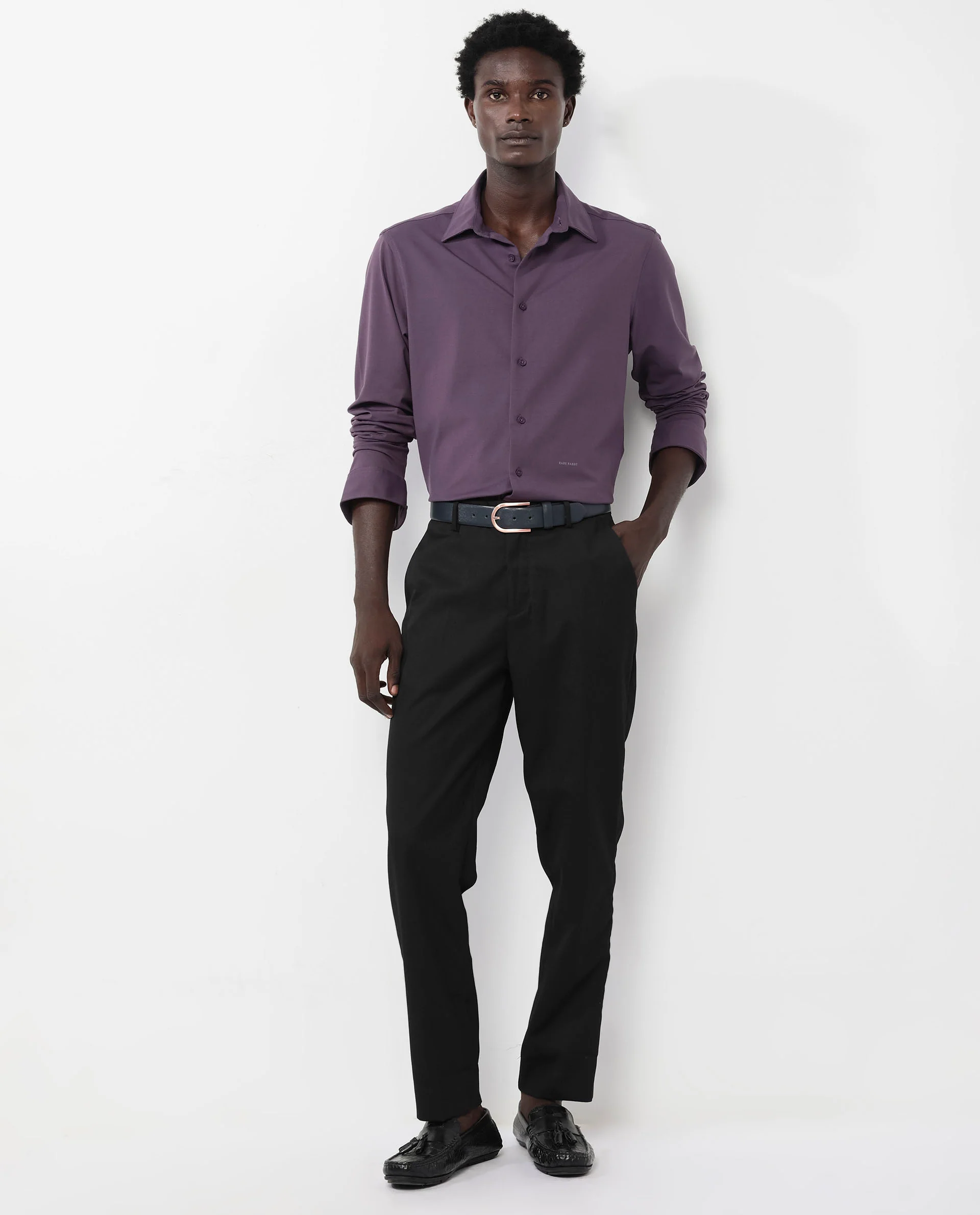 Rare Rabbit Men's Flyknit Dark Purple Cotton Plain Regular Fit Full Sleeve Collared Shirt - Image 2