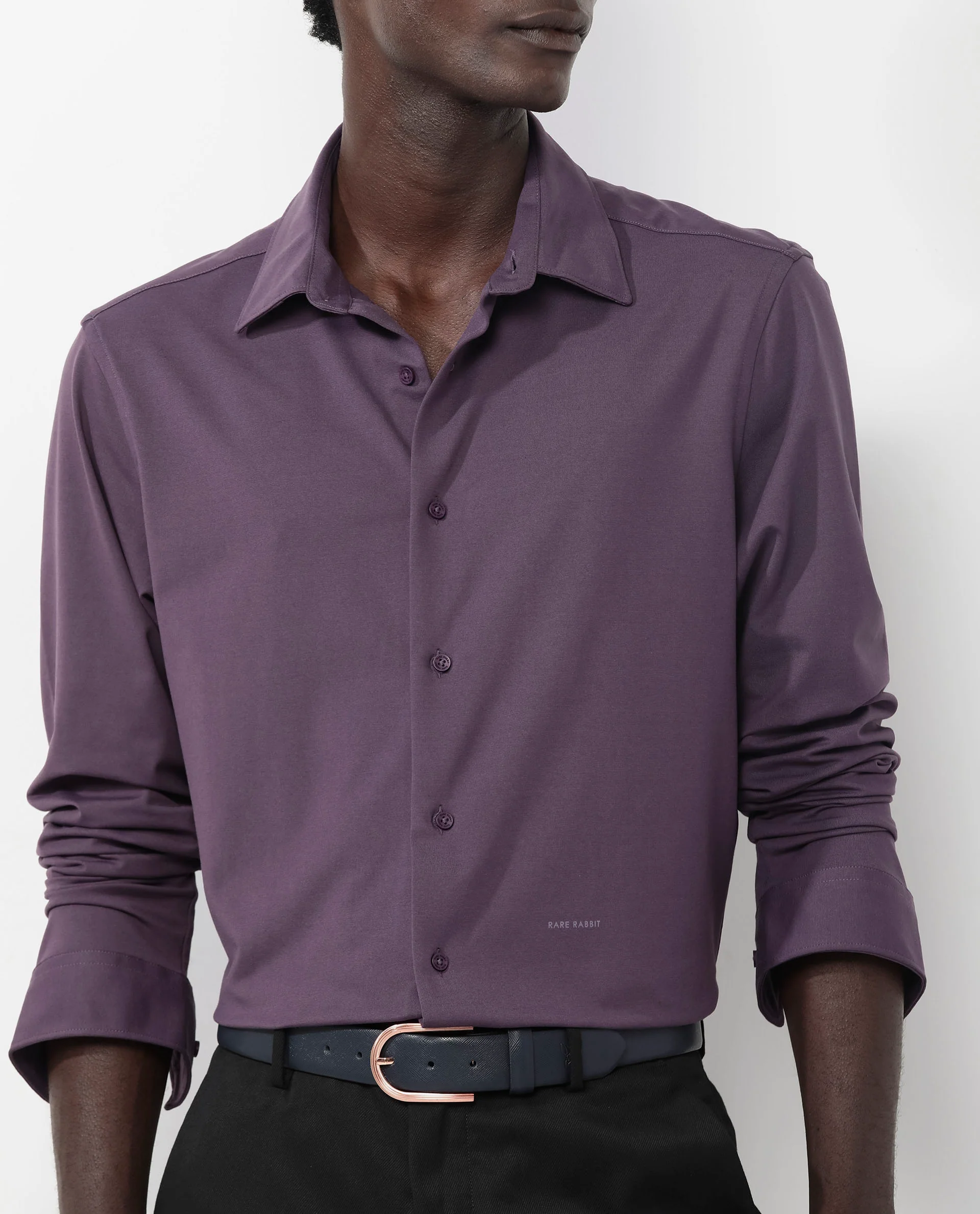 Rare Rabbit Men's Flyknit Dark Purple Cotton Plain Regular Fit Full Sleeve Collared Shirt - Image 3