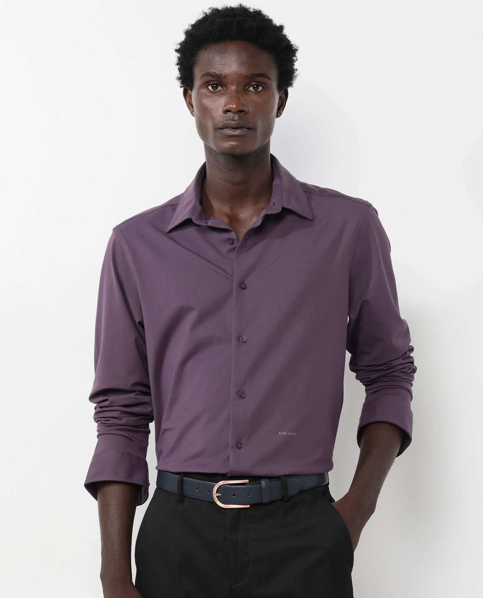 Rare Rabbit Men's Flyknit Dark Purple Cotton Plain Regular Fit Full Sleeve Collared Shirt - Image 4