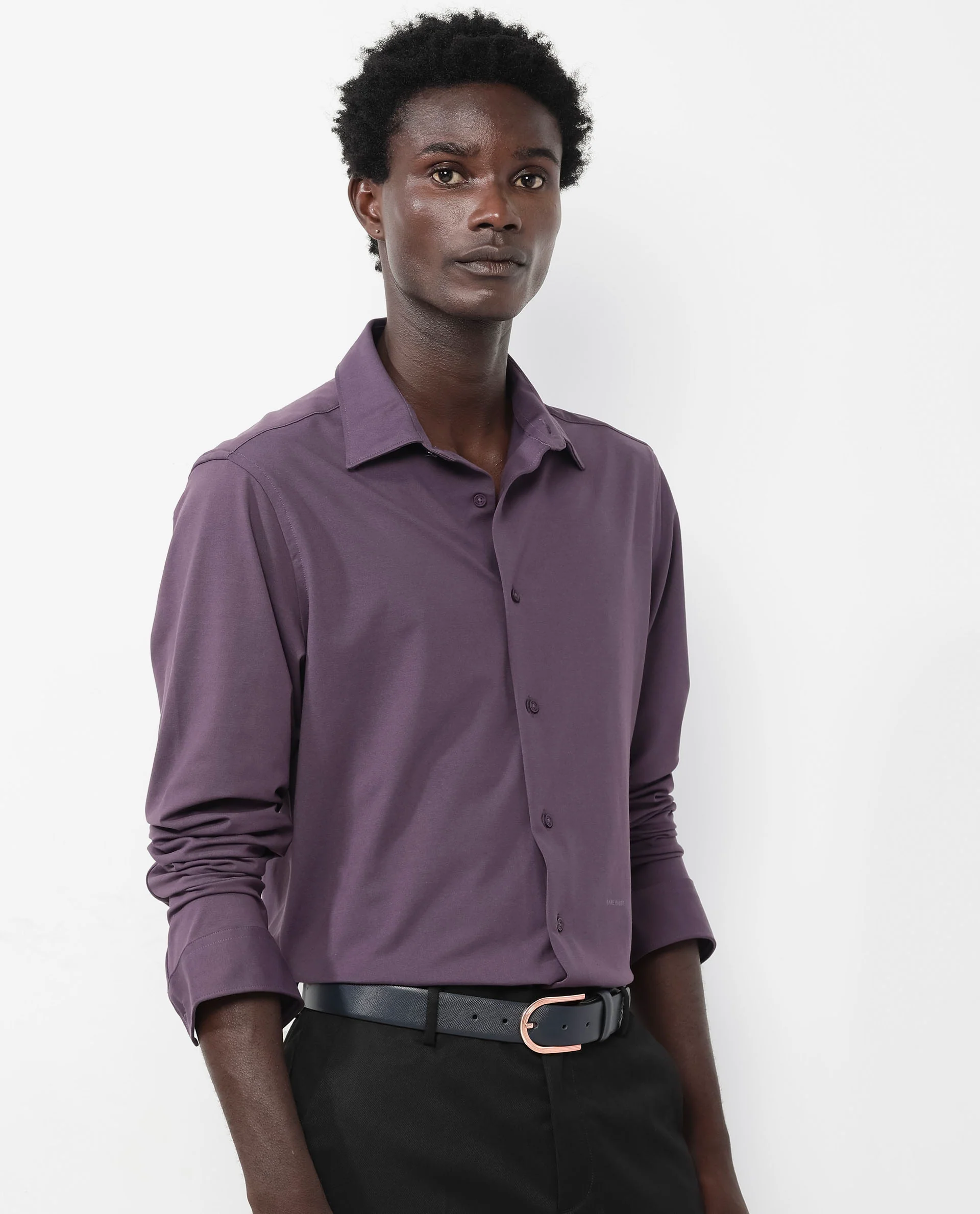 Rare Rabbit Men's Flyknit Dark Purple Cotton Plain Regular Fit Full Sleeve Collared Shirt - Image 5