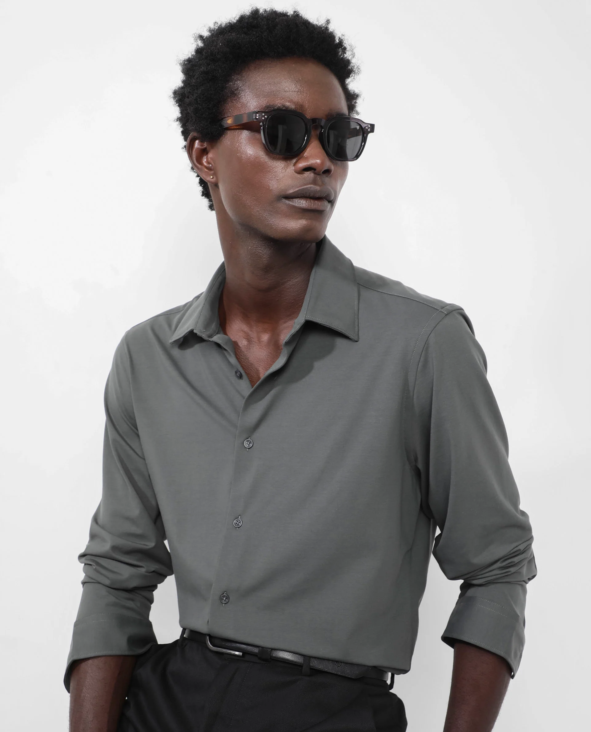 Rare Rabbit Men's Flyknit Dusky Green Cotton Plain Regular Fit Full Sleeve Collared Shirt - Image 2