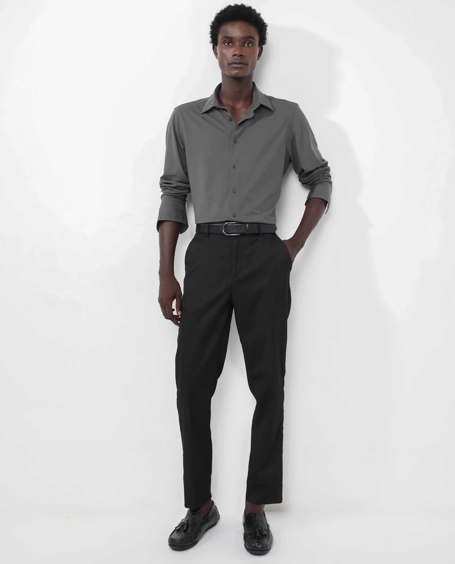 Rare Rabbit Men's Flyknit Dusky Green Cotton Plain Regular Fit Full Sleeve Collared Shirt - Image 3