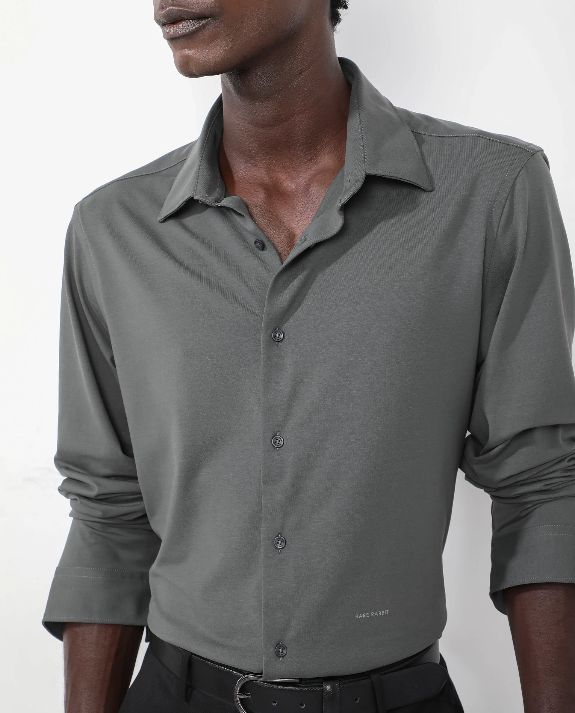 Rare Rabbit Men's Flyknit Dusky Green Cotton Plain Regular Fit Full Sleeve Collared Shirt - Image 4