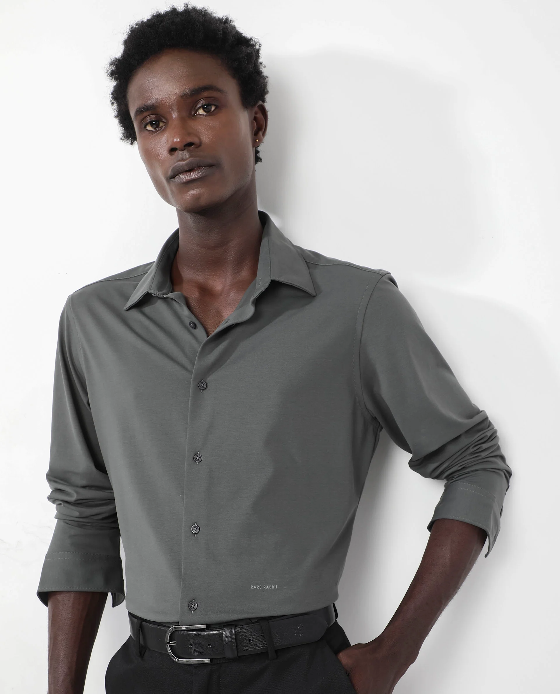 Rare Rabbit Men's Flyknit Dusky Green Cotton Plain Regular Fit Full Sleeve Collared Shirt - Image 5