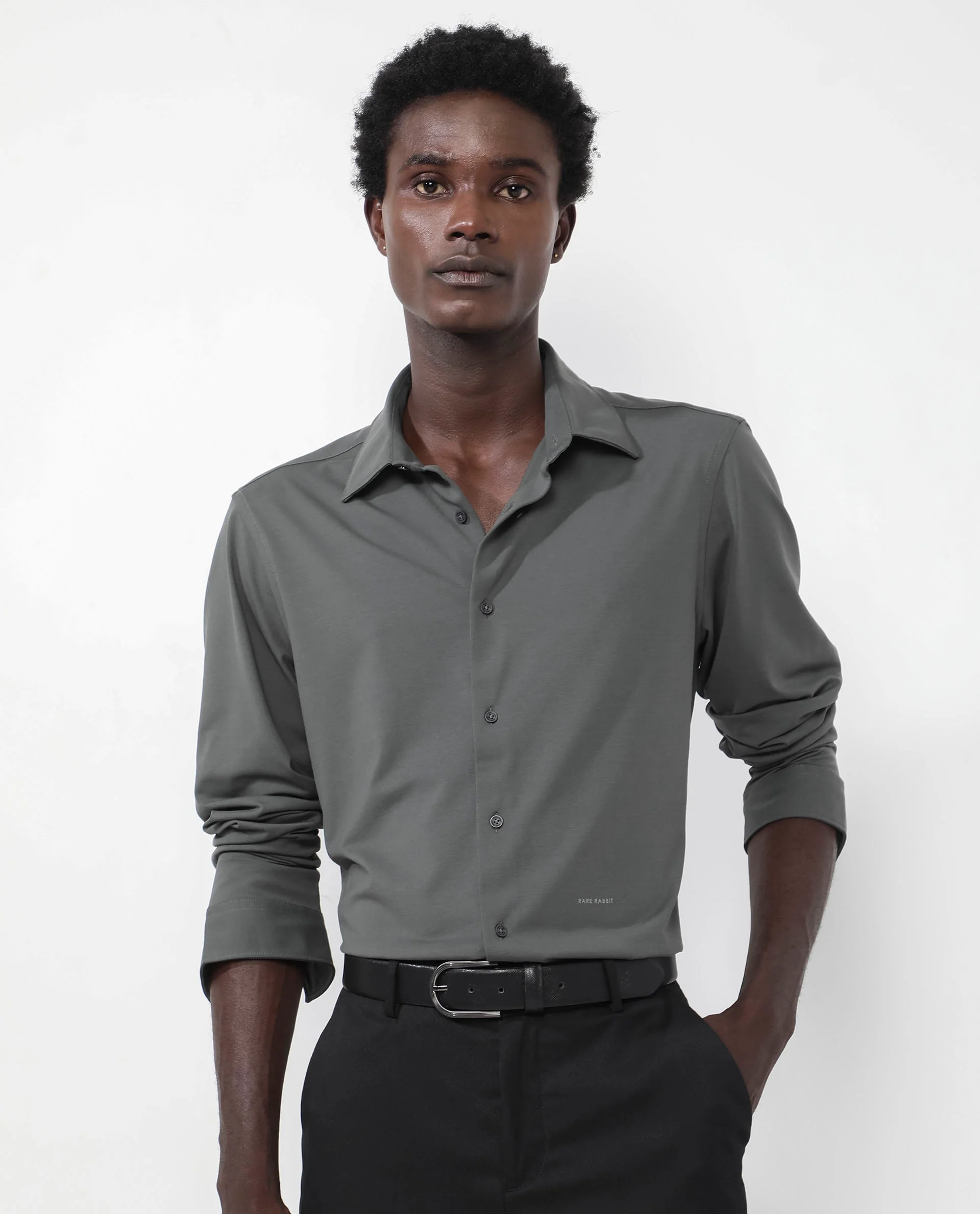 Rare Rabbit Men's Flyknit Dusky Green Cotton Plain Regular Fit Full Sleeve Collared Shirt - Image 9