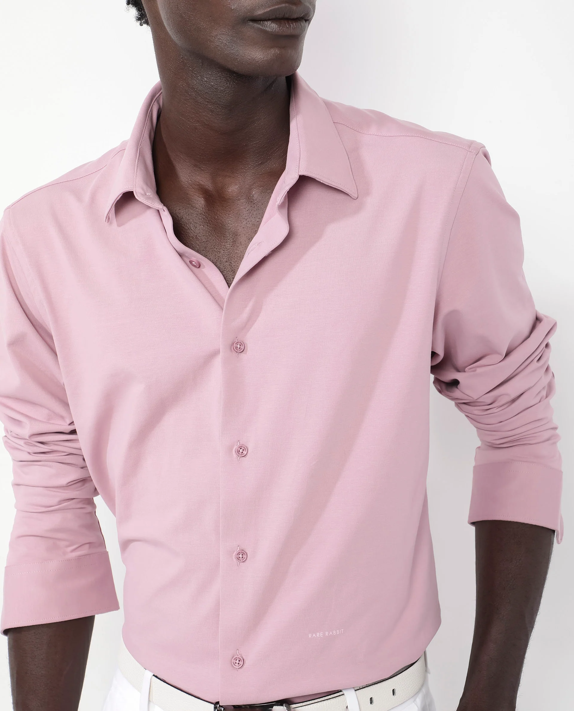 Rare Rabbit Men's Flyknit Dusky Pink Cotton Plain Regular Fit Full Sleeve Collared Shirt - Image 3