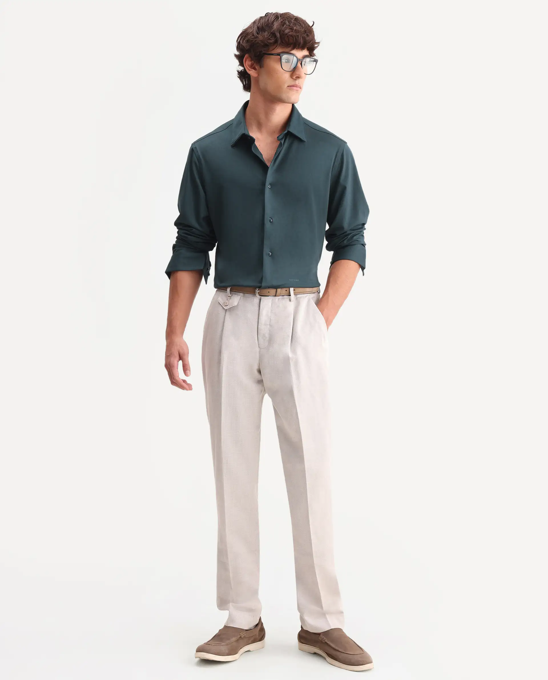 Rare Rabbit Men's Flyknit Dusky Teal Cotton Plain Regular Fit Full Sleeve Collared Shirt - Image 2