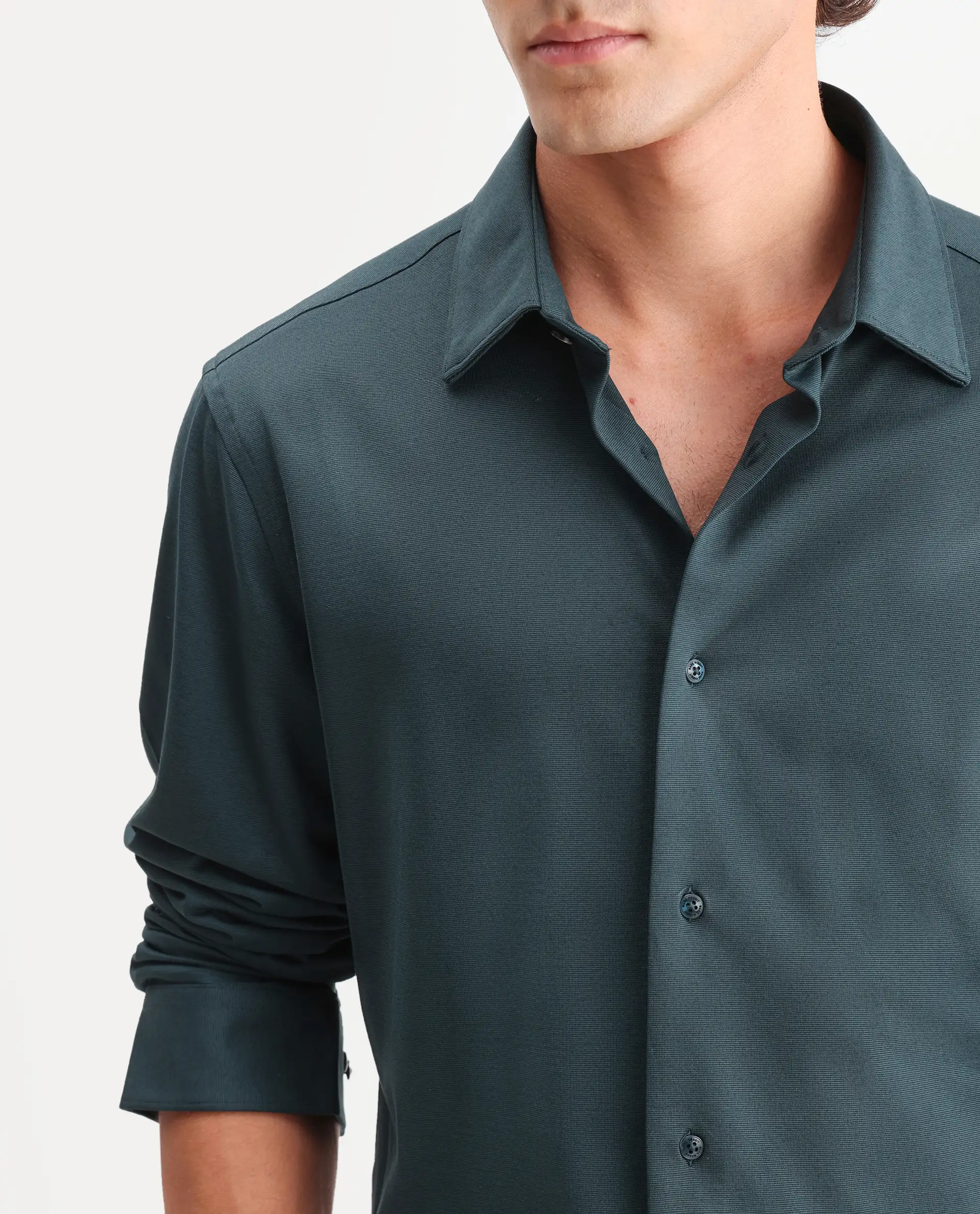 Rare Rabbit Men's Flyknit Dusky Teal Cotton Plain Regular Fit Full Sleeve Collared Shirt - Image 3