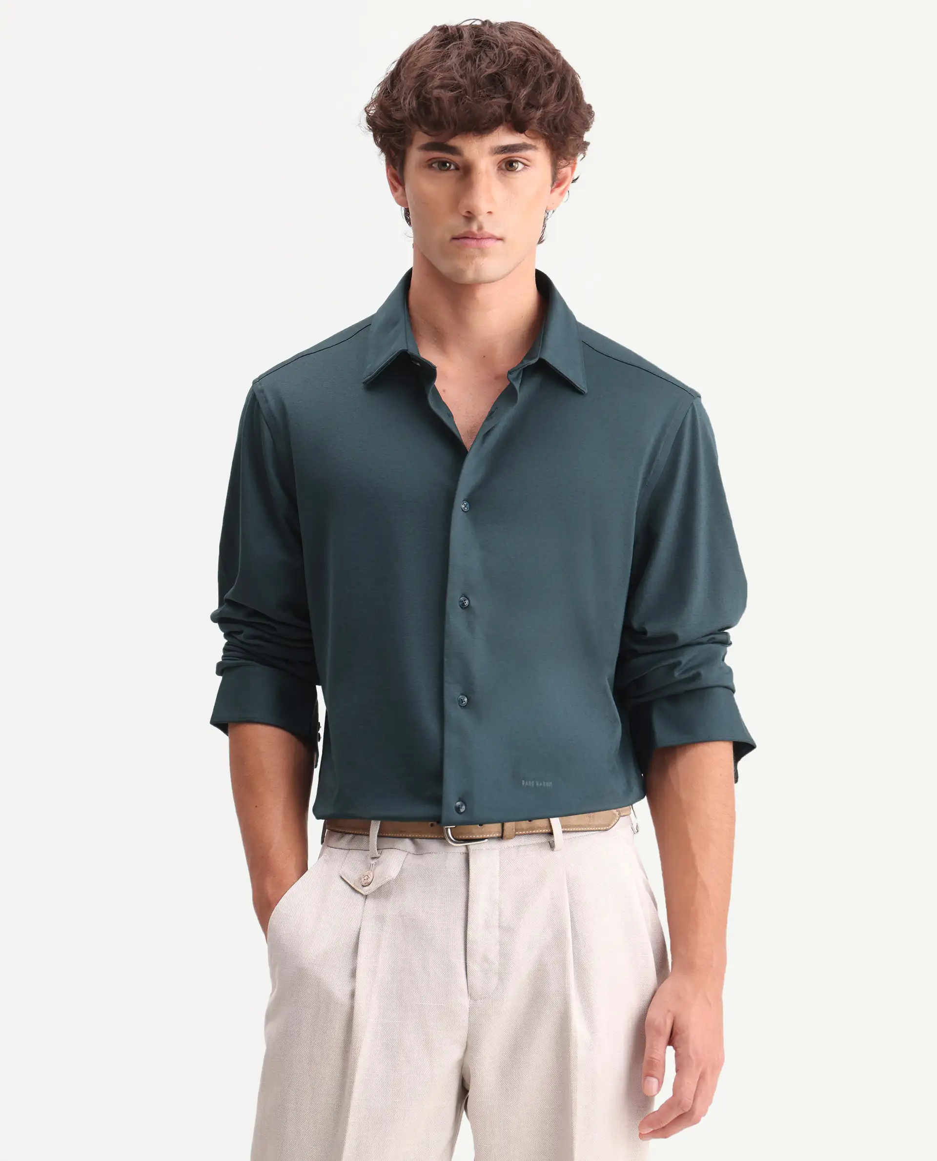 Rare Rabbit Men's Flyknit Dusky Teal Cotton Plain Regular Fit Full Sleeve Collared Shirt - Image 4