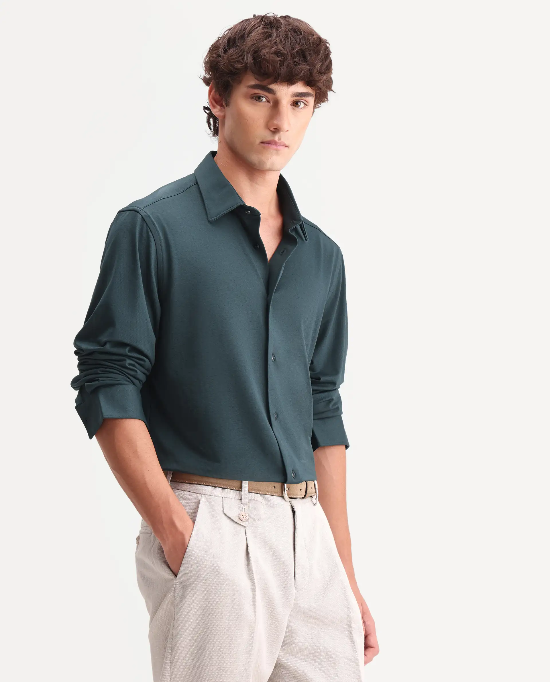 Rare Rabbit Men's Flyknit Dusky Teal Cotton Plain Regular Fit Full Sleeve Collared Shirt - Image 5