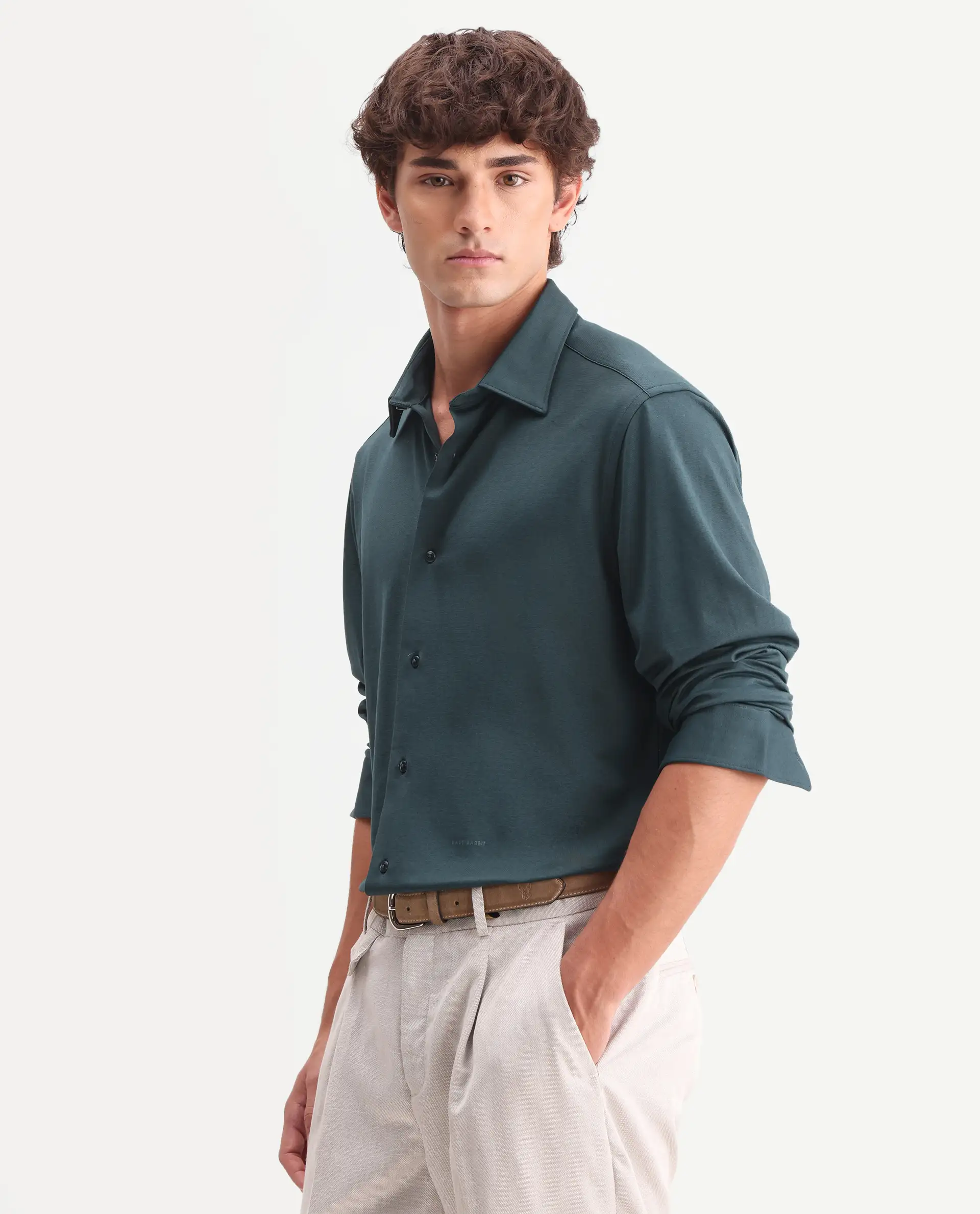 Rare Rabbit Men's Flyknit Dusky Teal Cotton Plain Regular Fit Full Sleeve Collared Shirt - Image 6