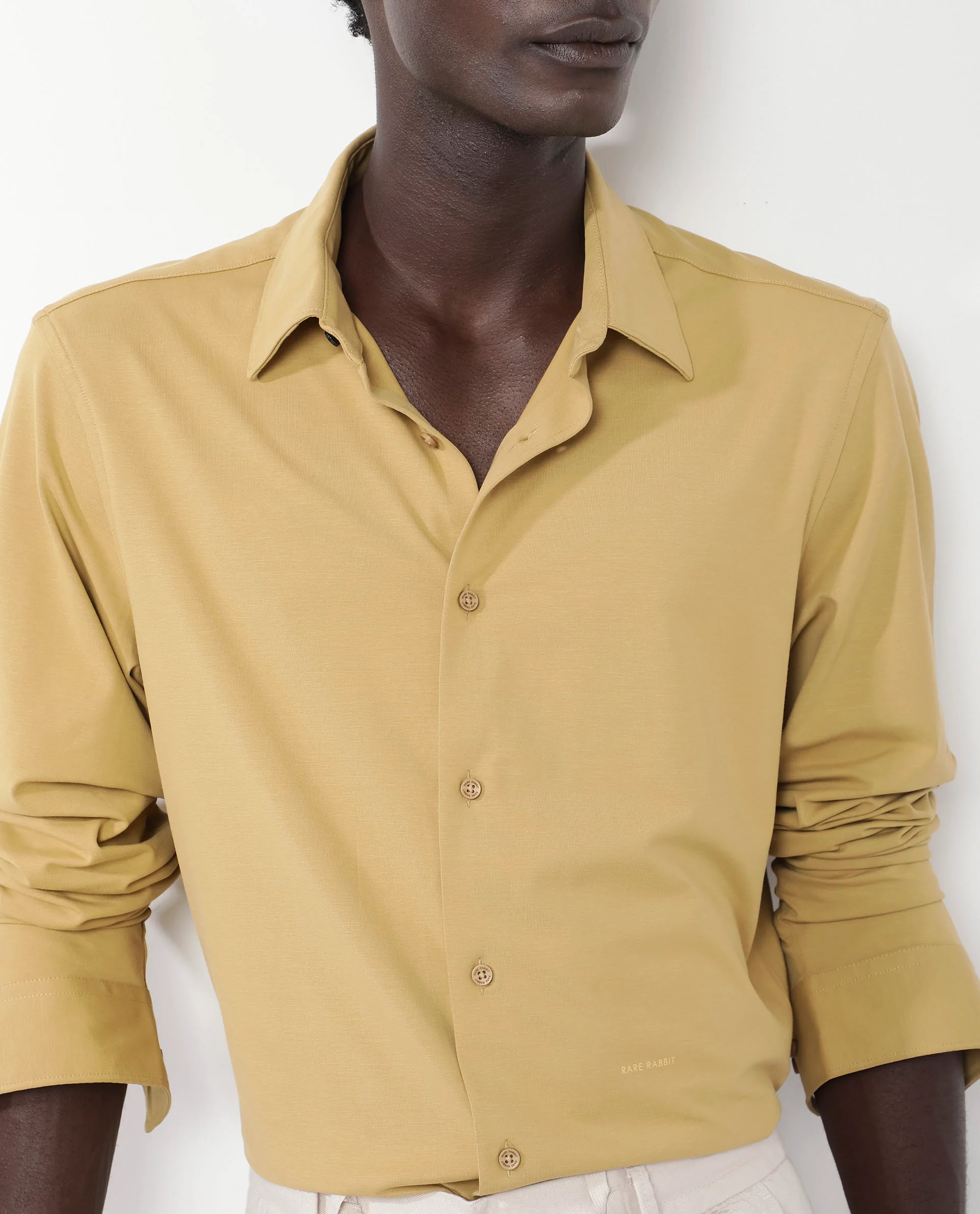 Rare Rabbit Men's Flyknit Mustard Cotton Plain Regular Fit Full Sleeve Collared Shirt - Image 3