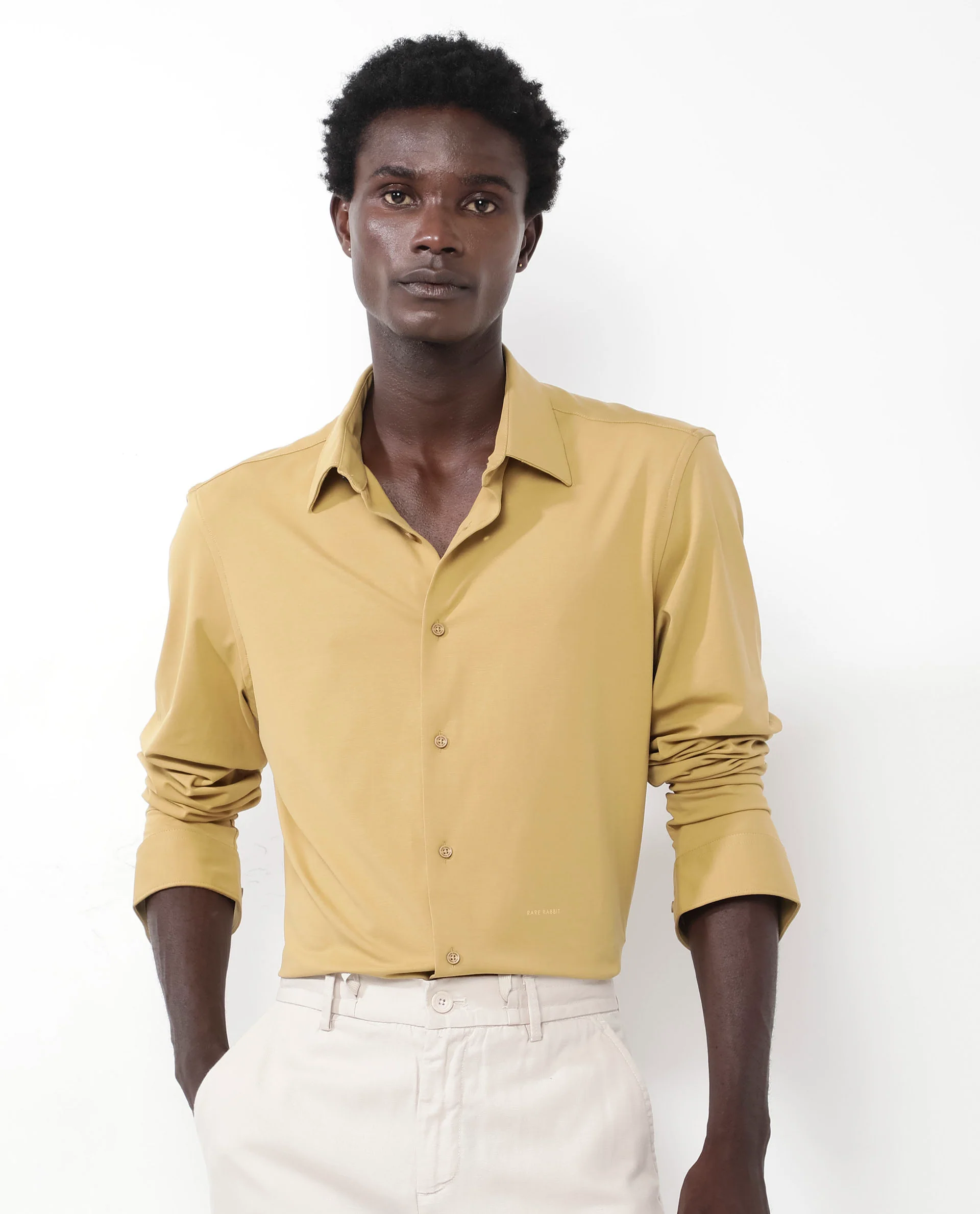 Rare Rabbit Men's Flyknit Mustard Cotton Plain Regular Fit Full Sleeve Collared Shirt - Image 4