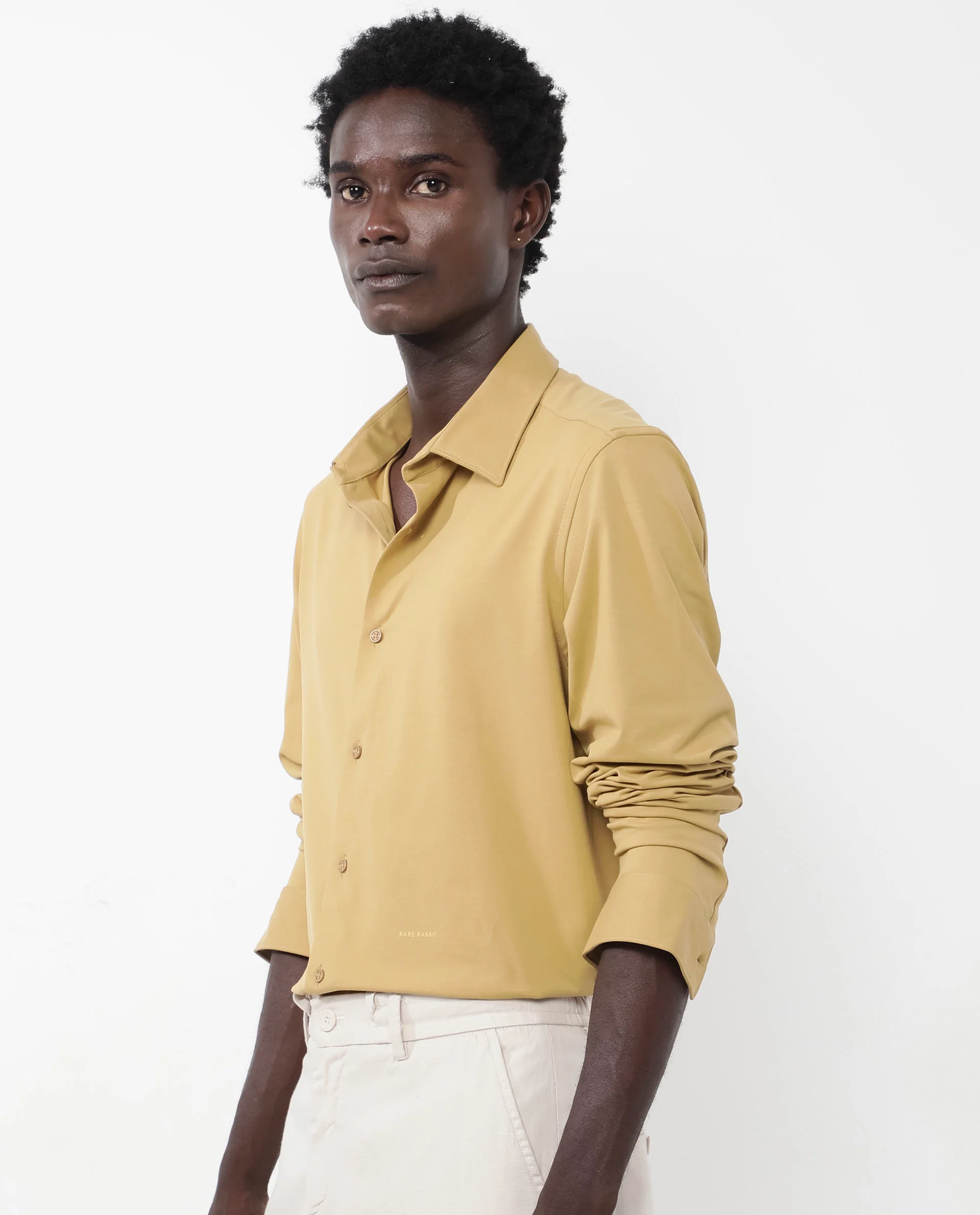 Rare Rabbit Men's Flyknit Mustard Cotton Plain Regular Fit Full Sleeve Collared Shirt - Image 8