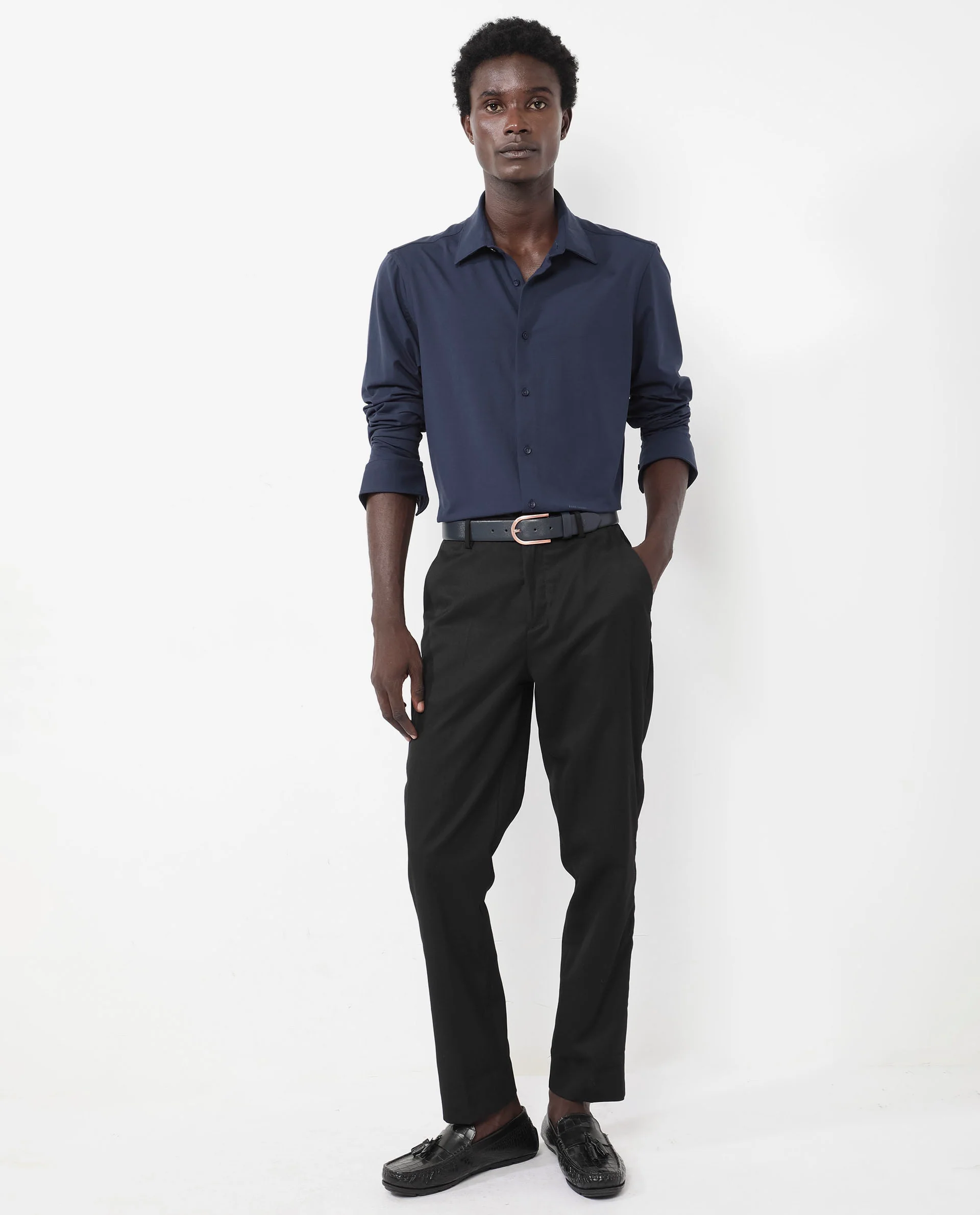 Rare Rabbit Men's Flyknit Navy Cotton Plain Regular Fit Full Sleeve Collared Shirt - Image 2