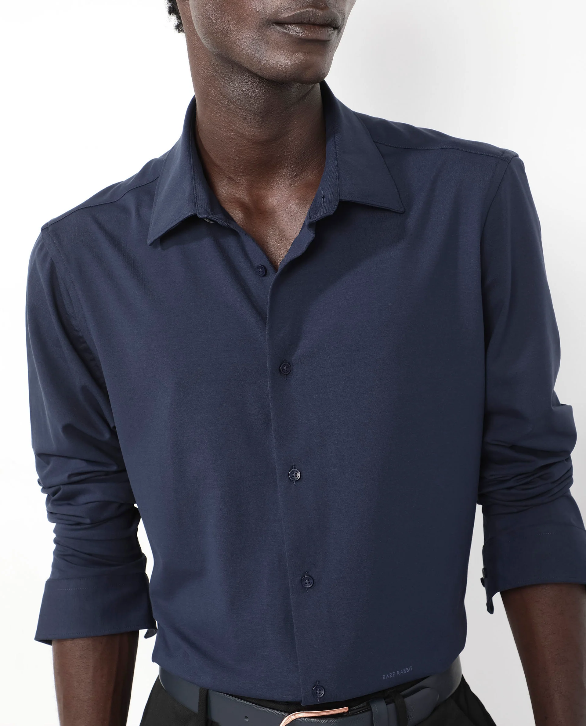 Rare Rabbit Men's Flyknit Navy Cotton Plain Regular Fit Full Sleeve Collared Shirt - Image 3