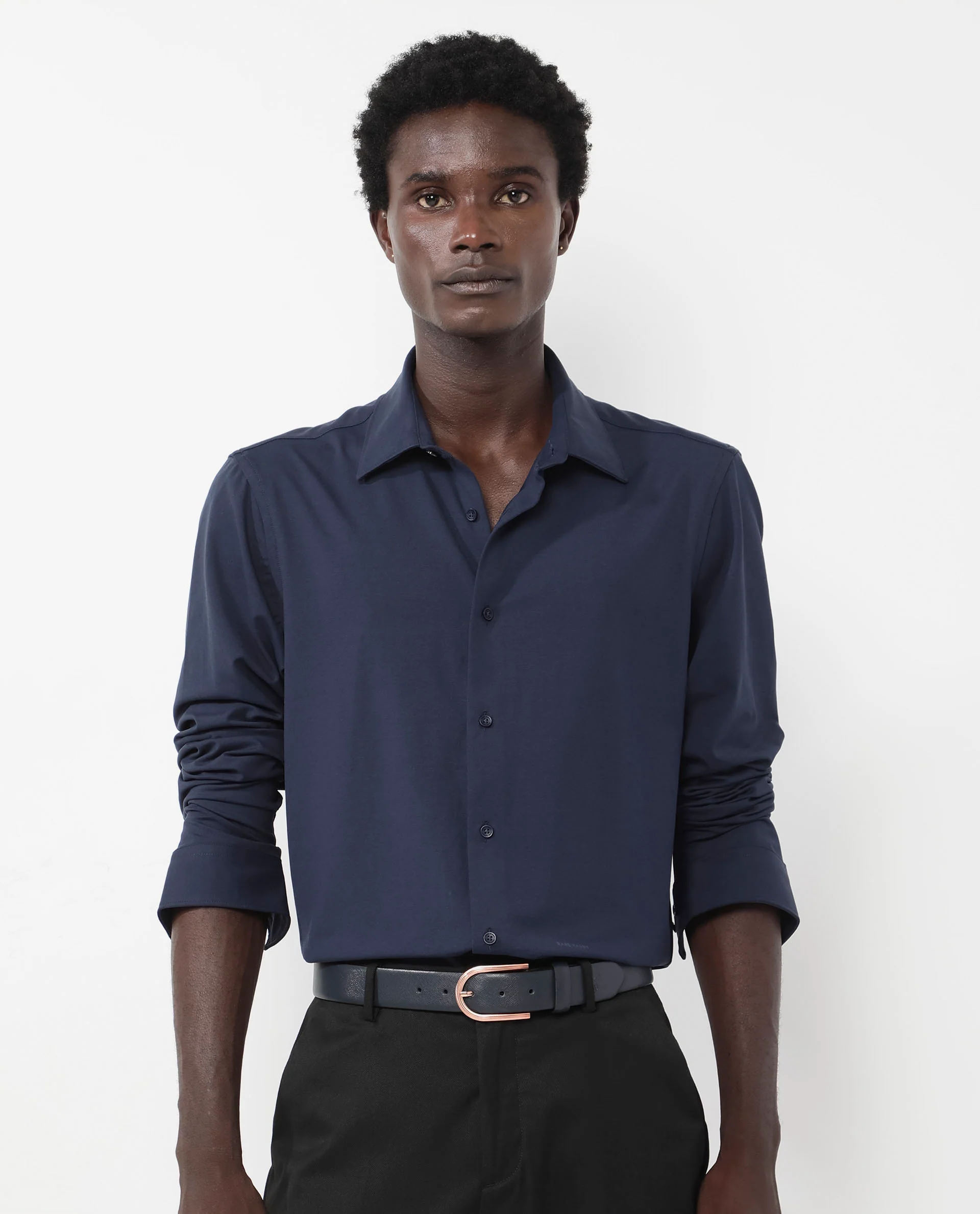 Rare Rabbit Men's Flyknit Navy Cotton Plain Regular Fit Full Sleeve Collared Shirt - Image 4