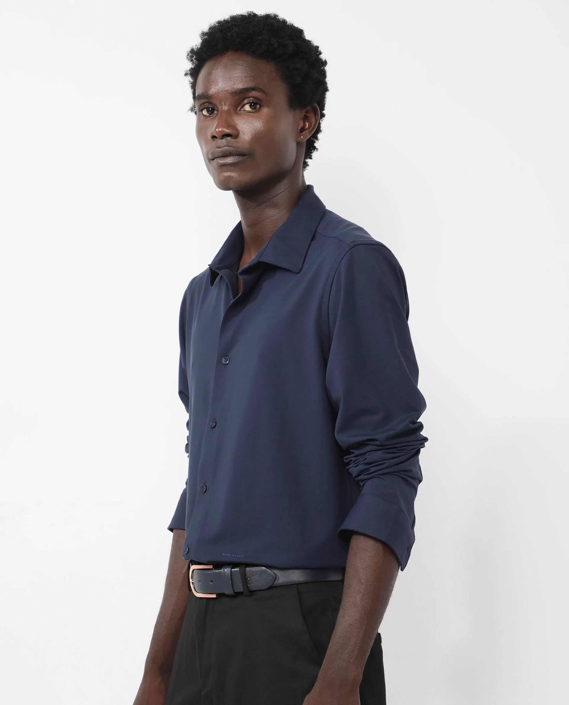 Rare Rabbit Men's Flyknit Navy Cotton Plain Regular Fit Full Sleeve Collared Shirt - Image 7