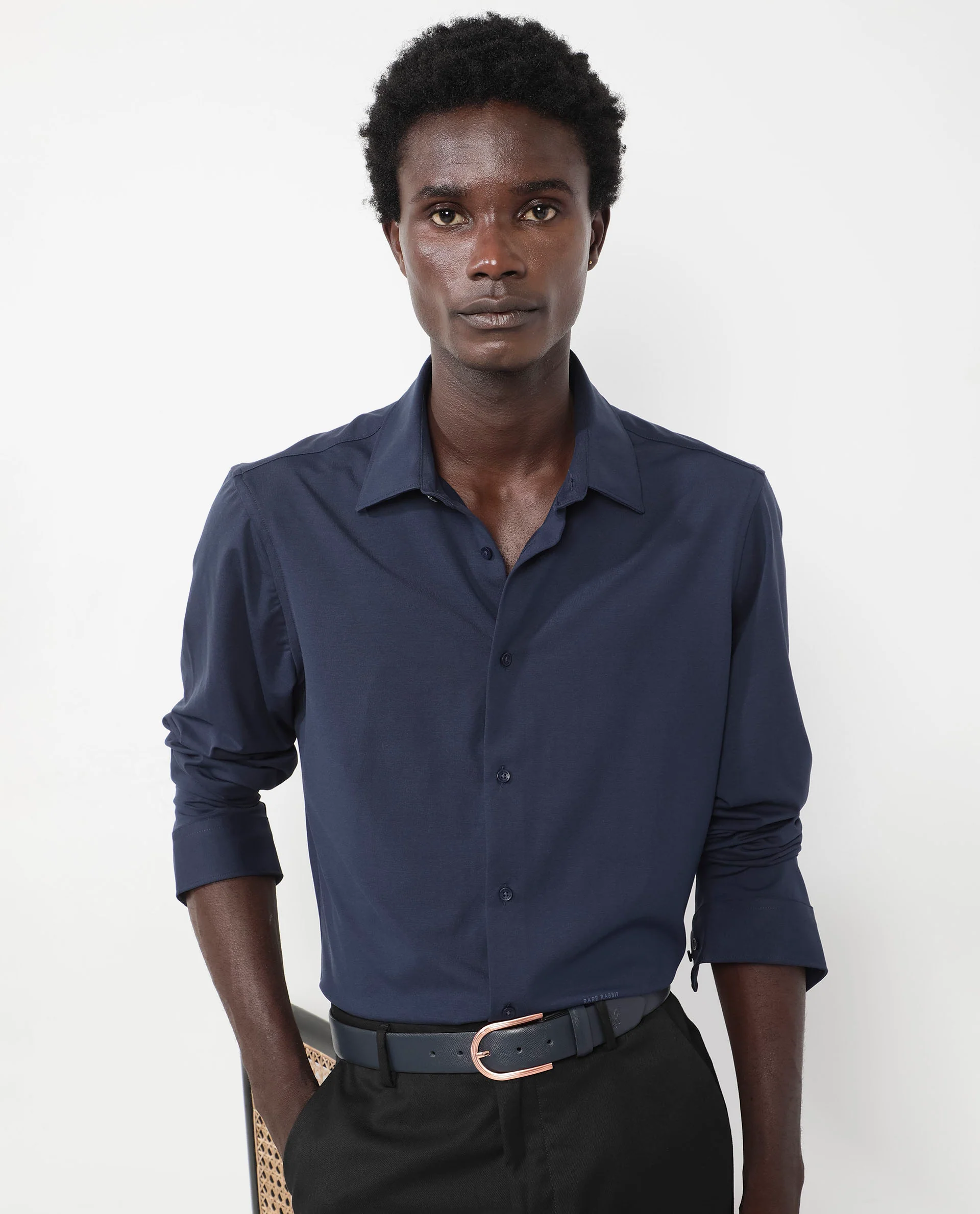 Rare Rabbit Men's Flyknit Navy Cotton Plain Regular Fit Full Sleeve Collared Shirt - Image 9