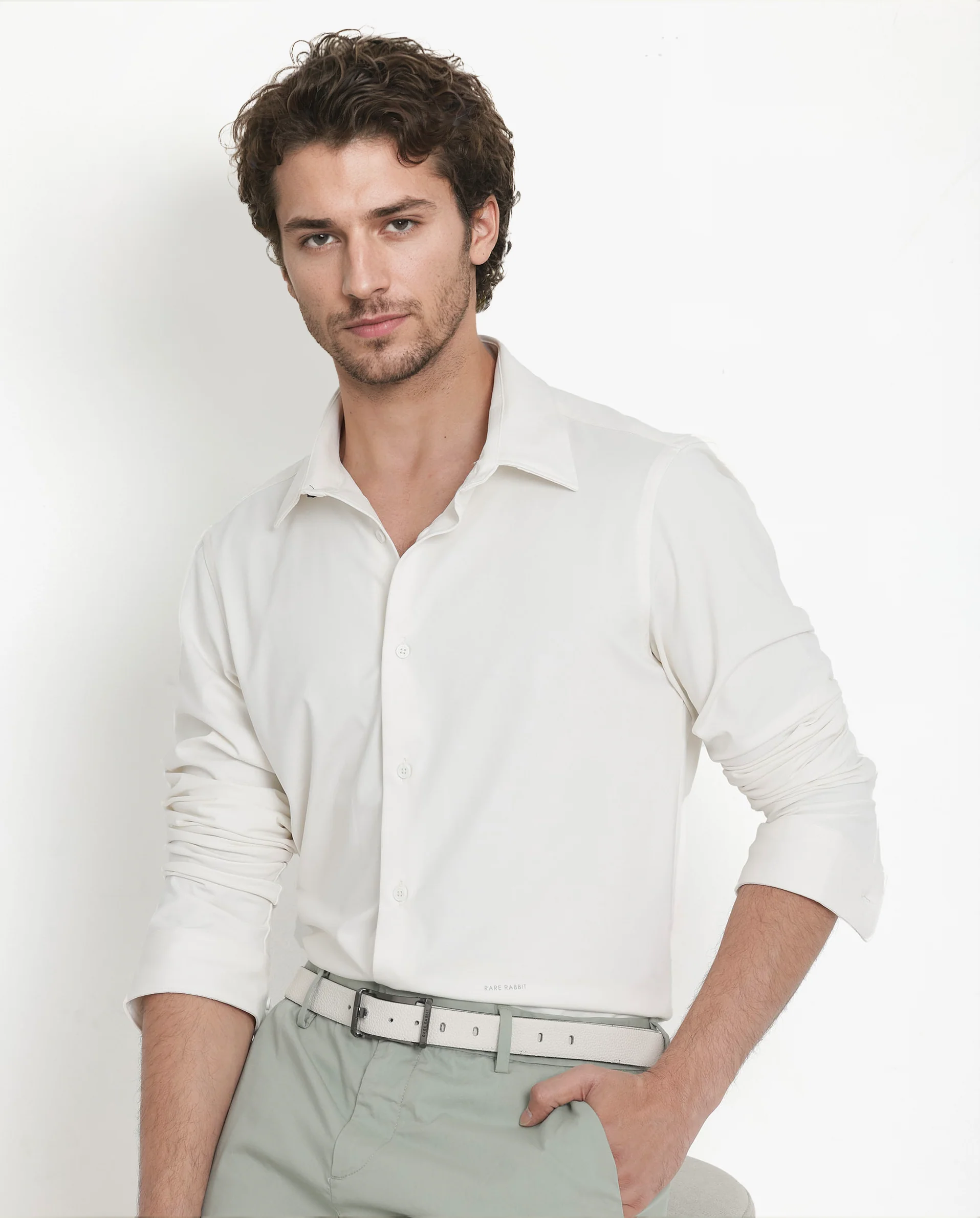 Rare Rabbit Men's Flyknit Off White Cotton Plain Regular Fit Full Sleeve Collared Shirt - Image 3