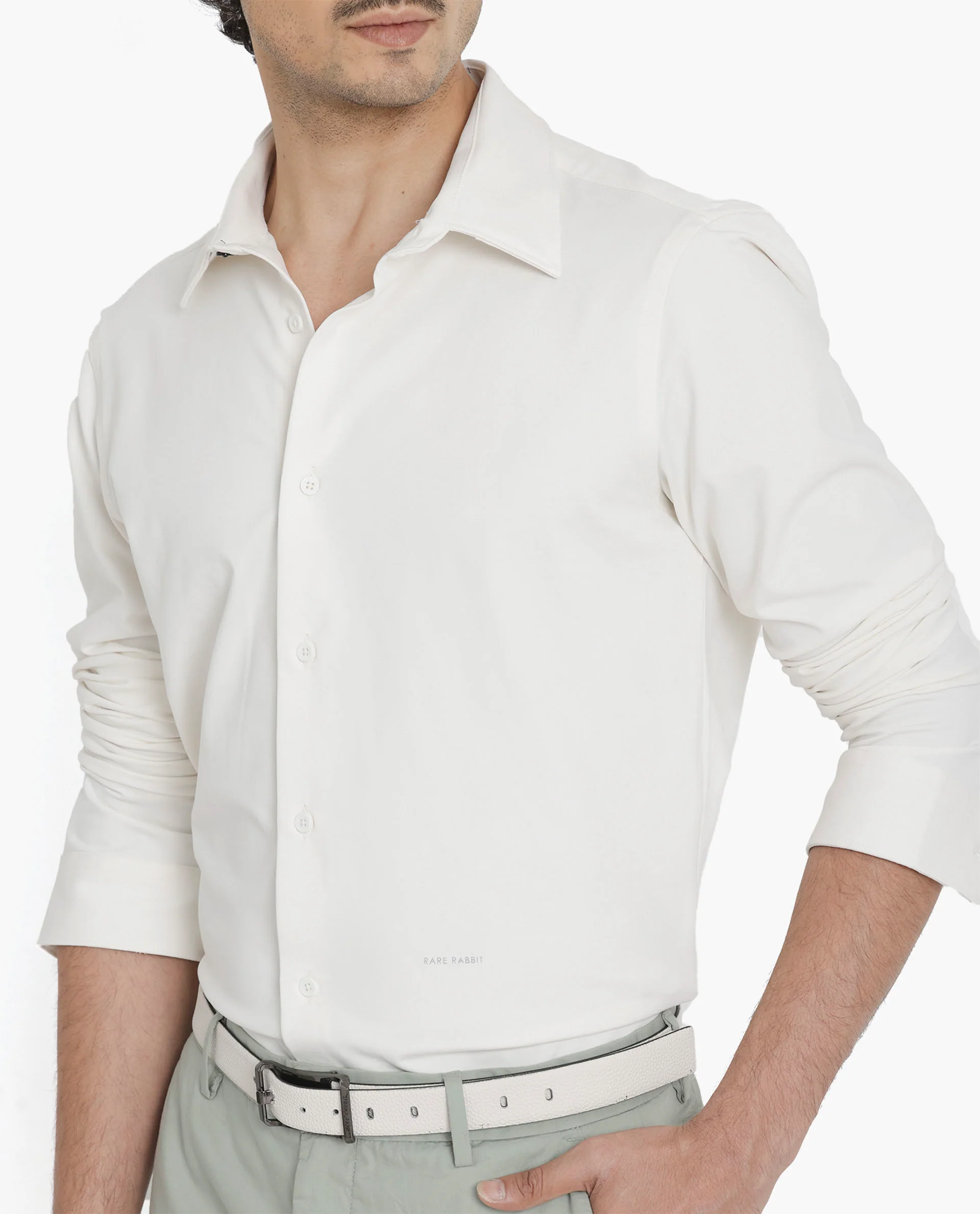 Rare Rabbit Men's Flyknit Off White Cotton Plain Regular Fit Full Sleeve Collared Shirt - Image 5