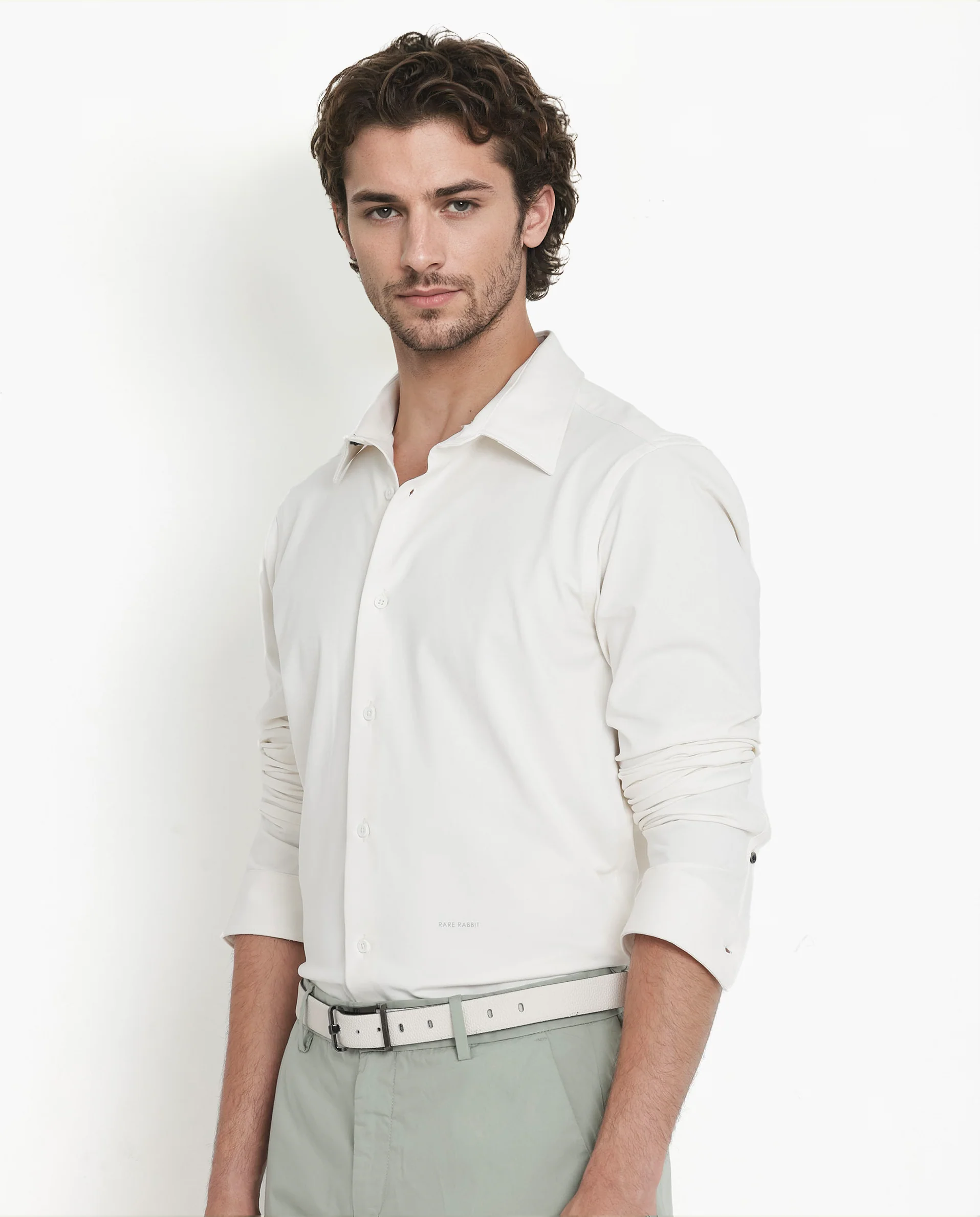 Rare Rabbit Men's Flyknit Off White Cotton Plain Regular Fit Full Sleeve Collared Shirt - Image 8