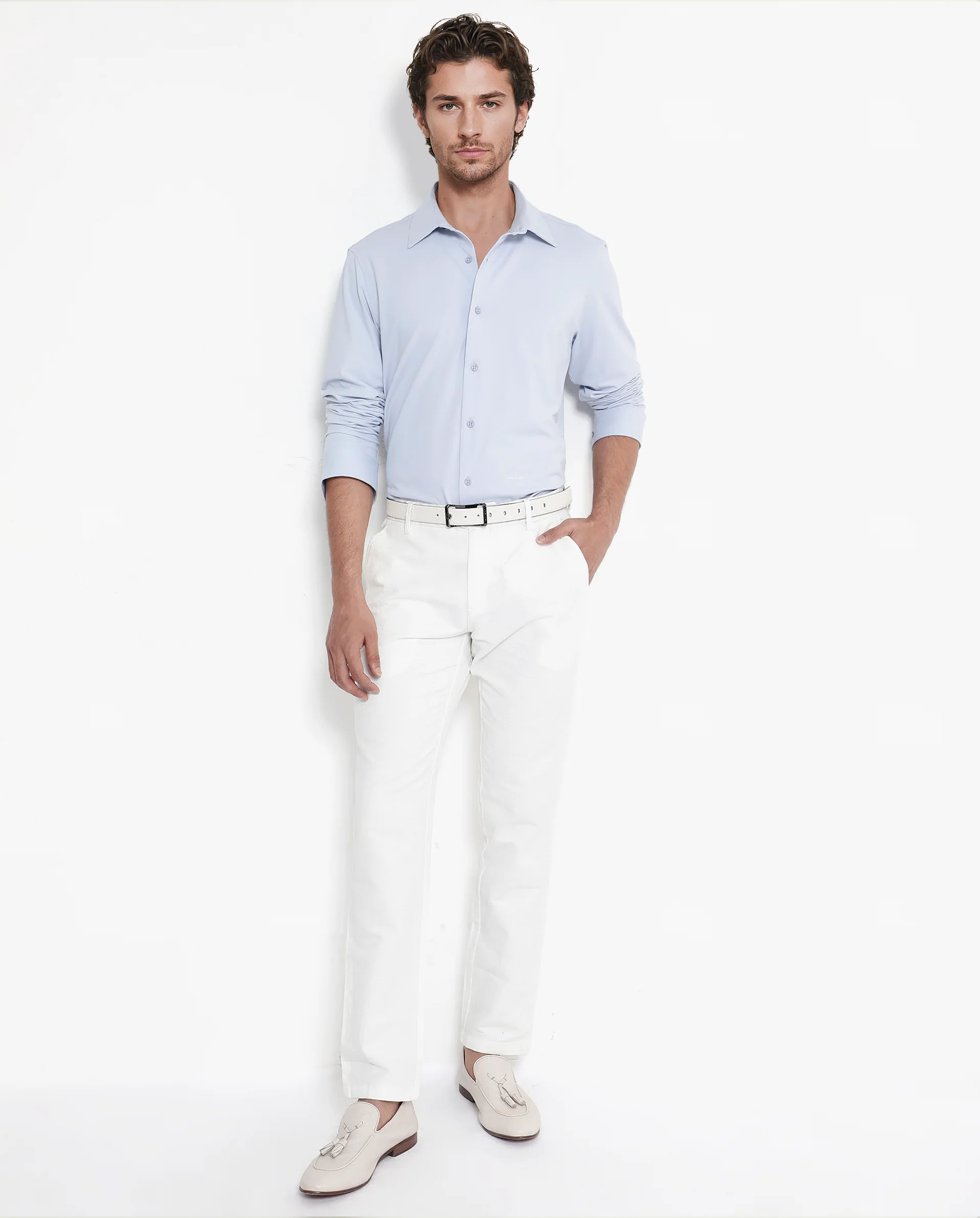 Rare Rabbit Men's Flyknit Pastel Blue Cotton Plain Regular Fit Full Sleeve Collared Shirt - Image 2