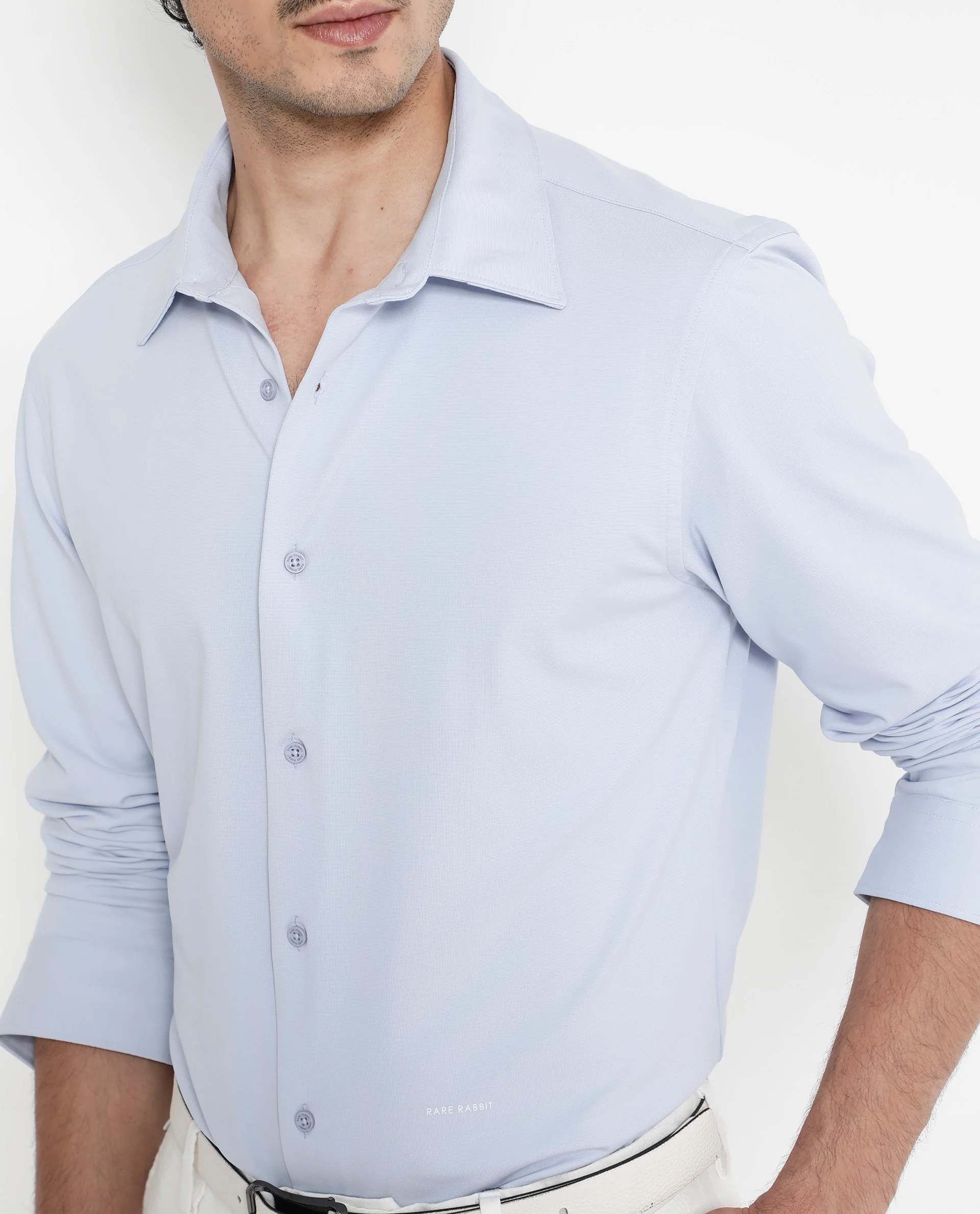 Rare Rabbit Men's Flyknit Pastel Blue Cotton Plain Regular Fit Full Sleeve Collared Shirt - Image 4