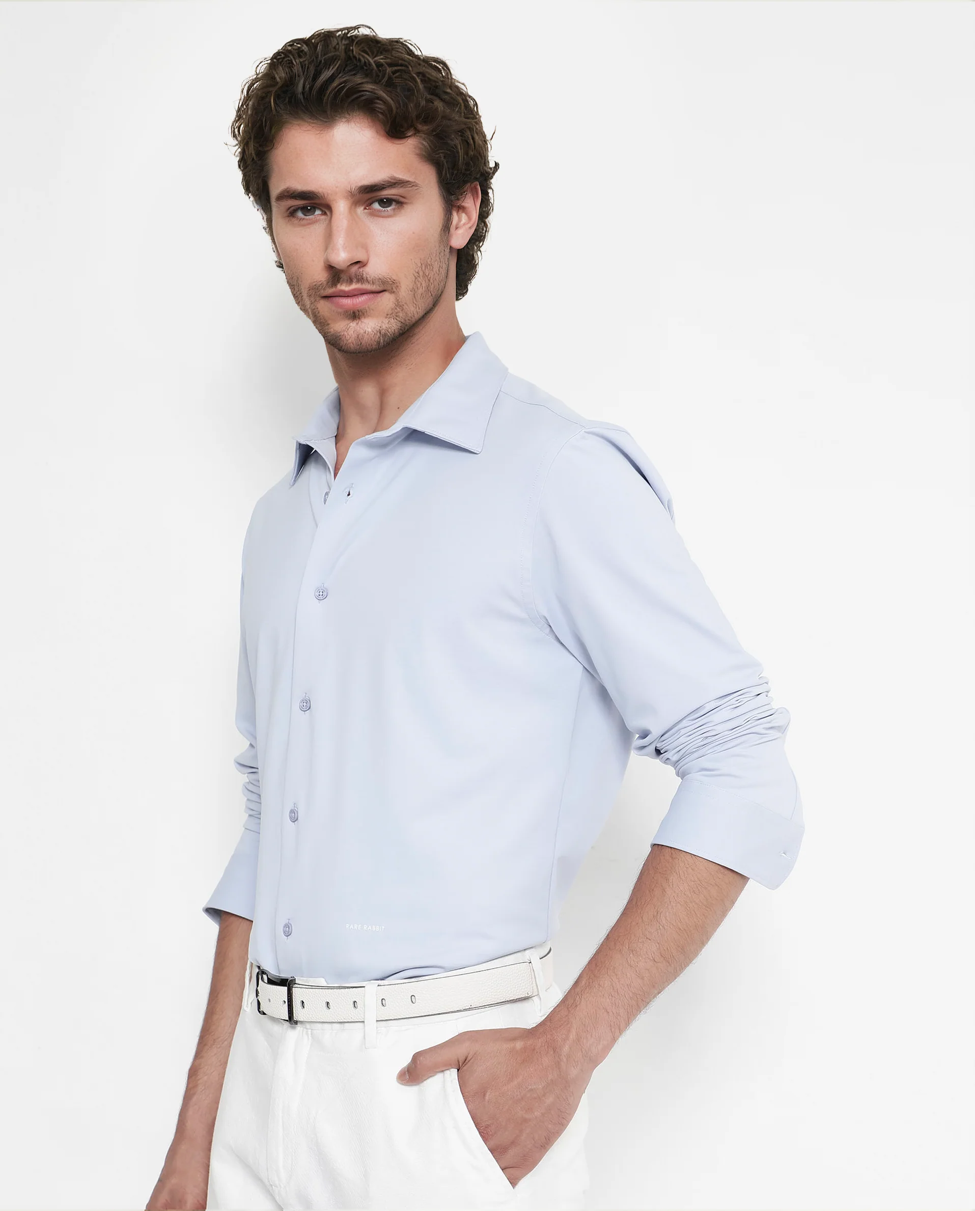 Rare Rabbit Men's Flyknit Pastel Blue Cotton Plain Regular Fit Full Sleeve Collared Shirt - Image 6