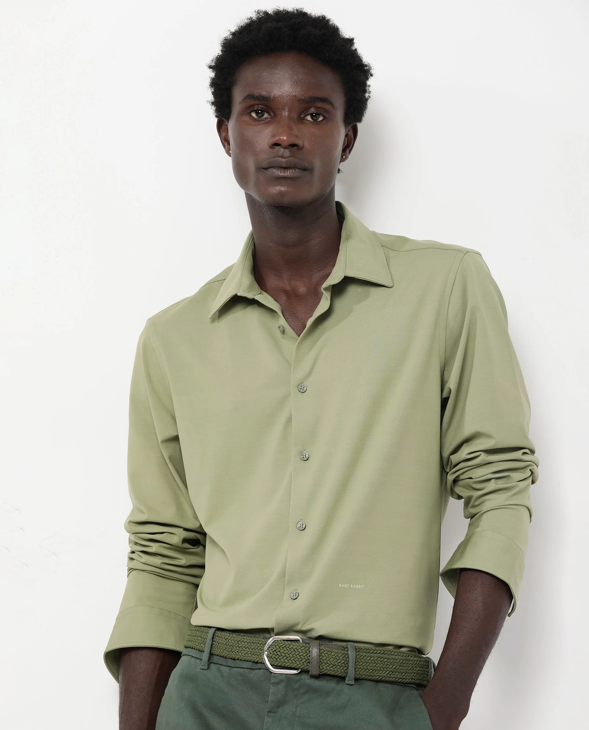 Rare Rabbit Men's Flyknit Pastel Green Cotton Plain Regular Fit Full Sleeve Collared Shirt - Image 10