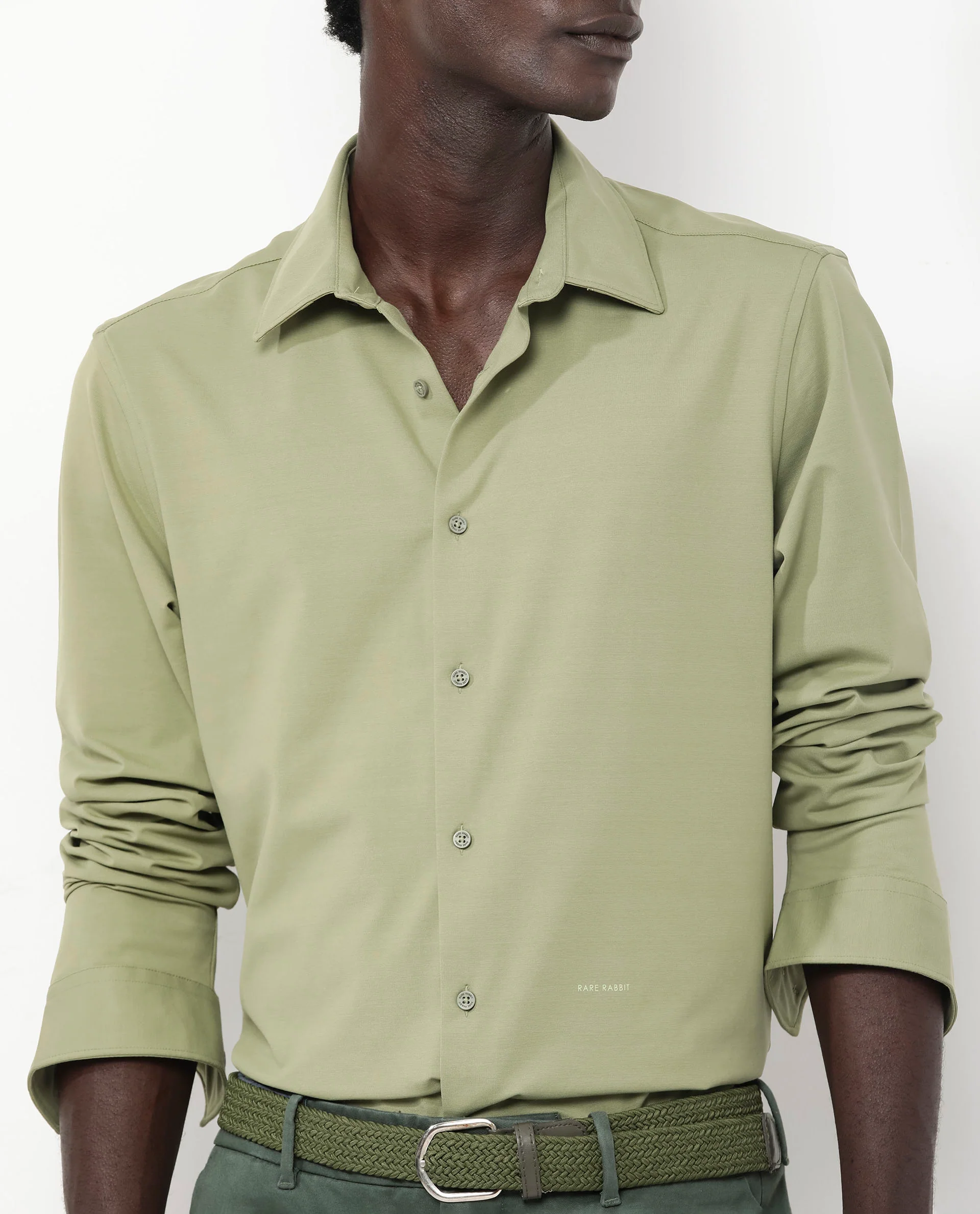 Rare Rabbit Men's Flyknit Pastel Green Cotton Plain Regular Fit Full Sleeve Collared Shirt - Image 3