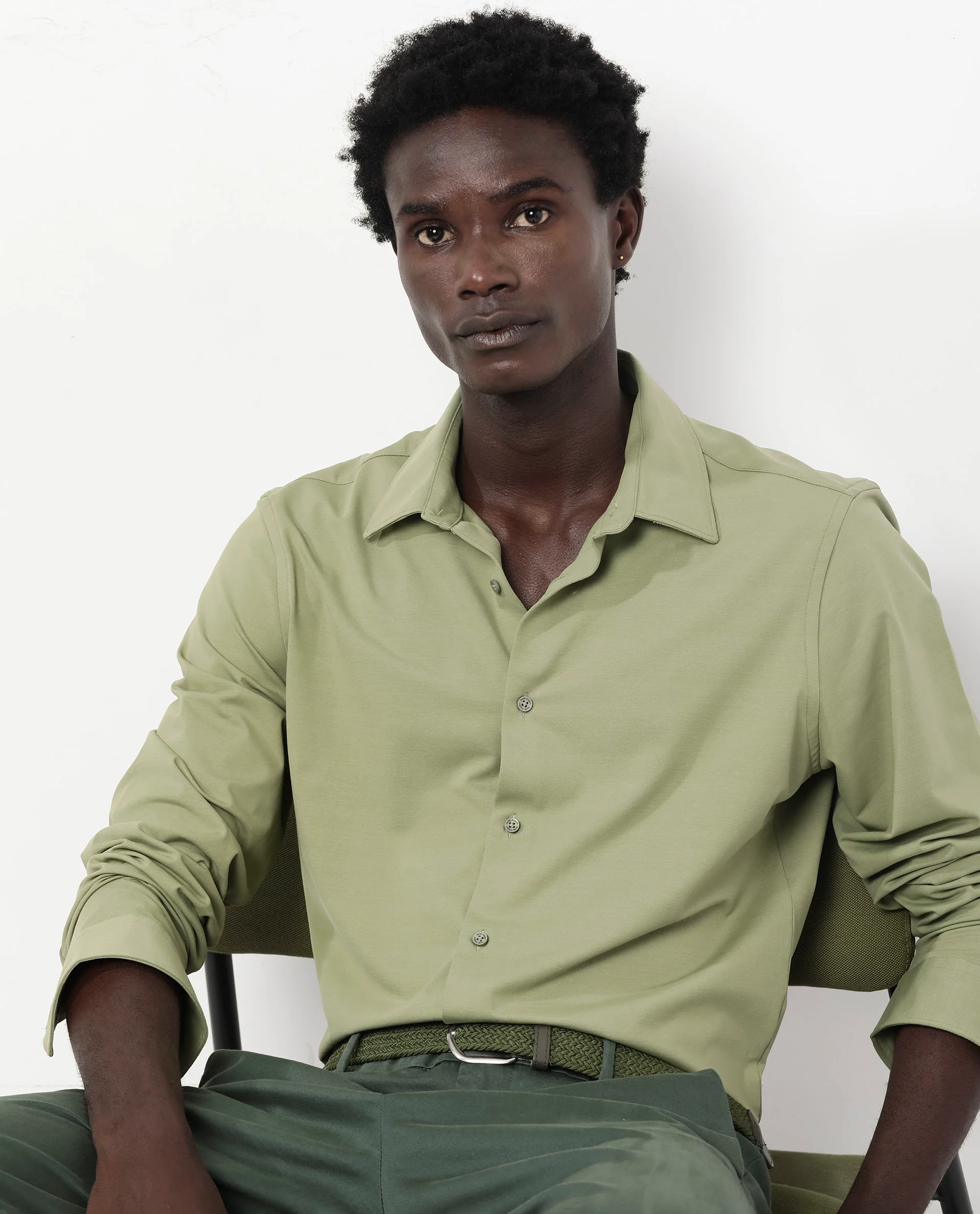 Rare Rabbit Men's Flyknit Pastel Green Cotton Plain Regular Fit Full Sleeve Collared Shirt - Image 4